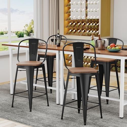 26" Matte Black Swivel Metal Bar Stools with Wooden Seat