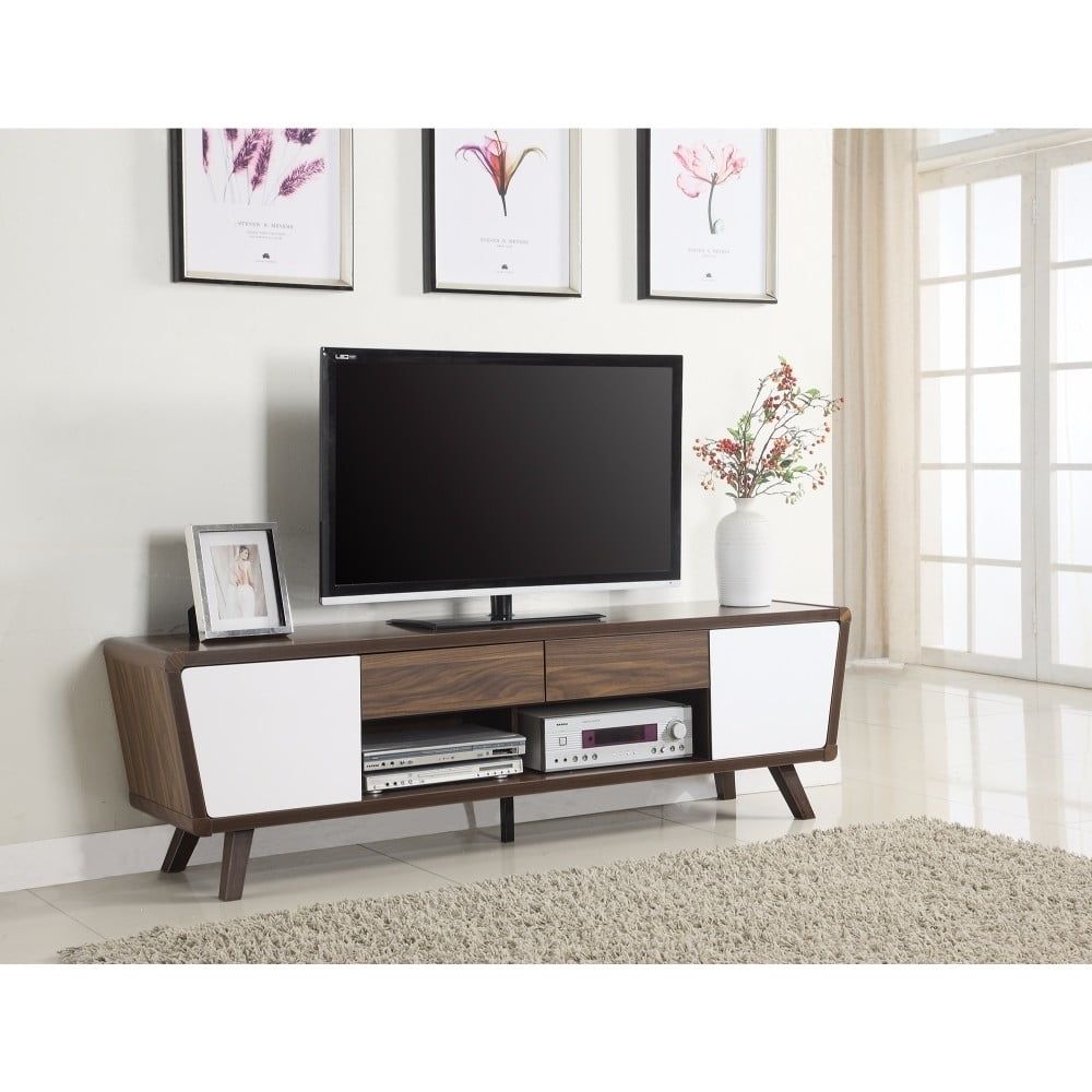 Alvin 74" Walnut and Glossy White TV Console with Cabinet