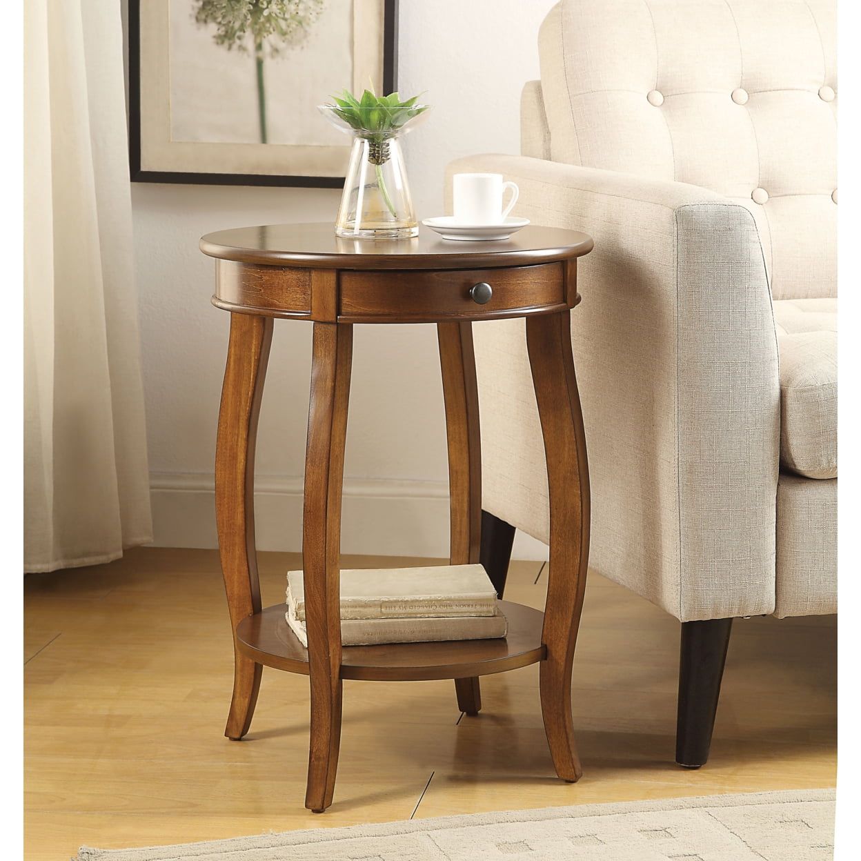 Walnut Round Wood End Table with Storage Drawer