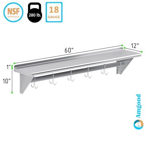 60" Stainless Steel Wall Mounted Pot Rack with Shelf and Hooks