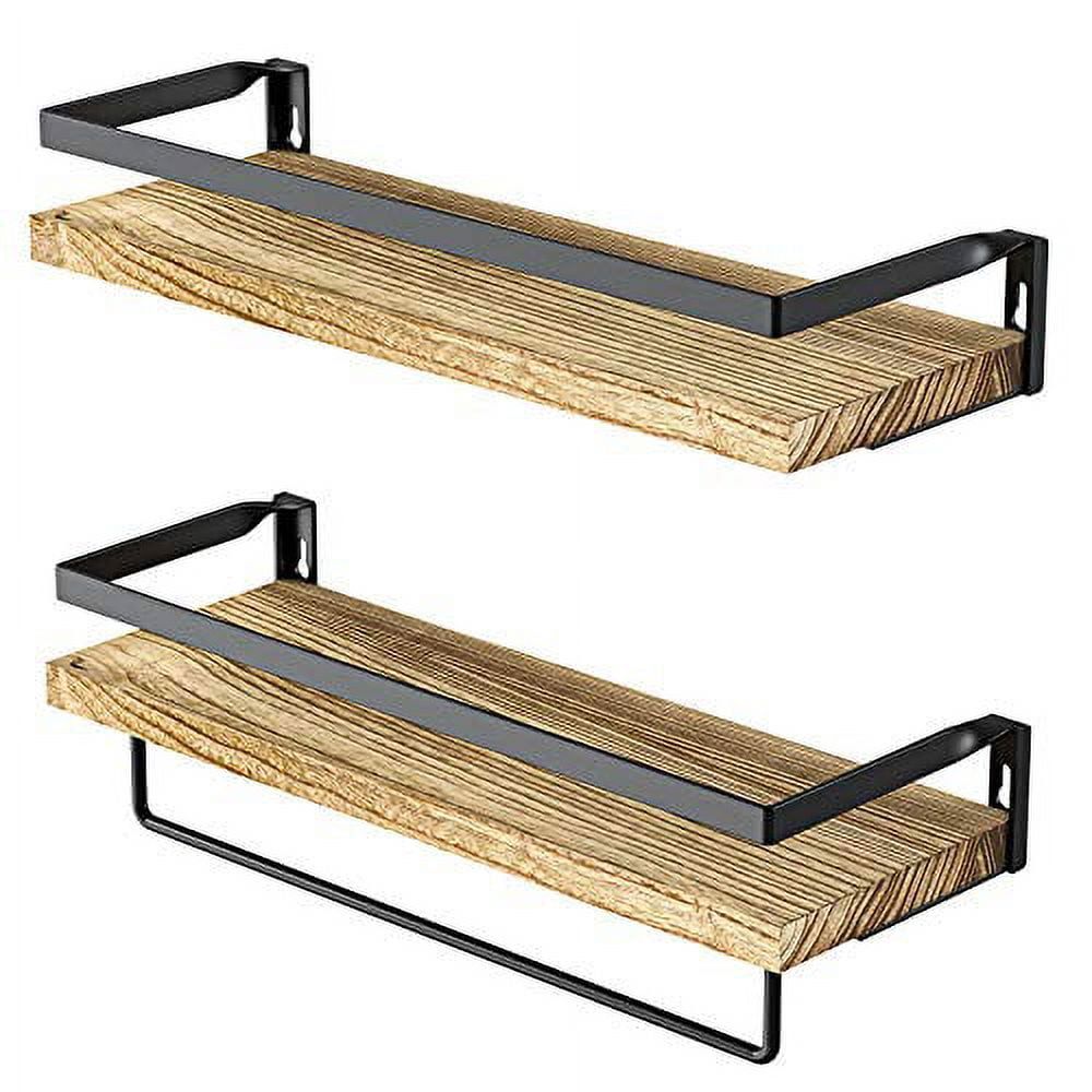 Light Brown Paulownia Wood Floating Shelves with Black Metal Frame, Set of 2