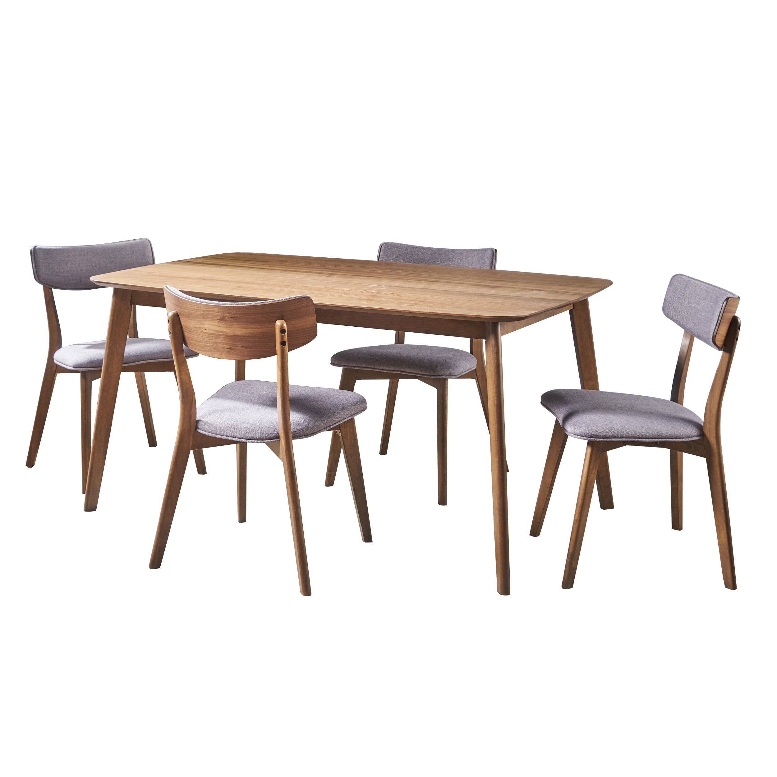 Mid-Century Natural Walnut 5-Piece Dining Set with Gray Fabric Chairs