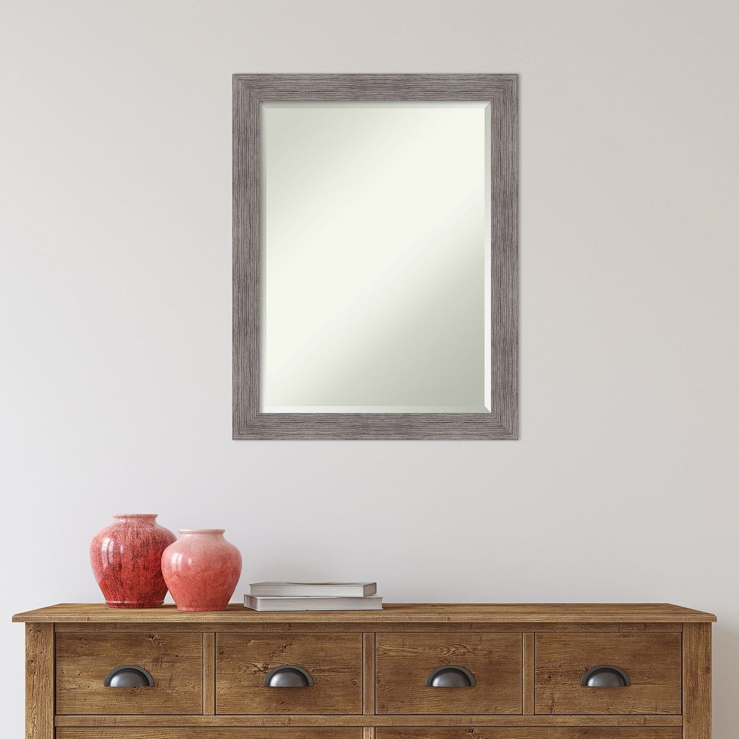 Plank Pinstripe Grey Narrow Framed Beveled Bathroom Mirror