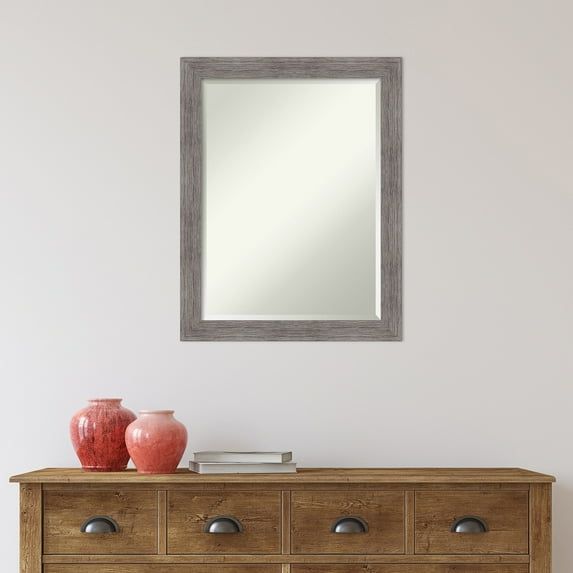 Plank Pinstripe Grey Narrow Framed Beveled Bathroom Mirror
