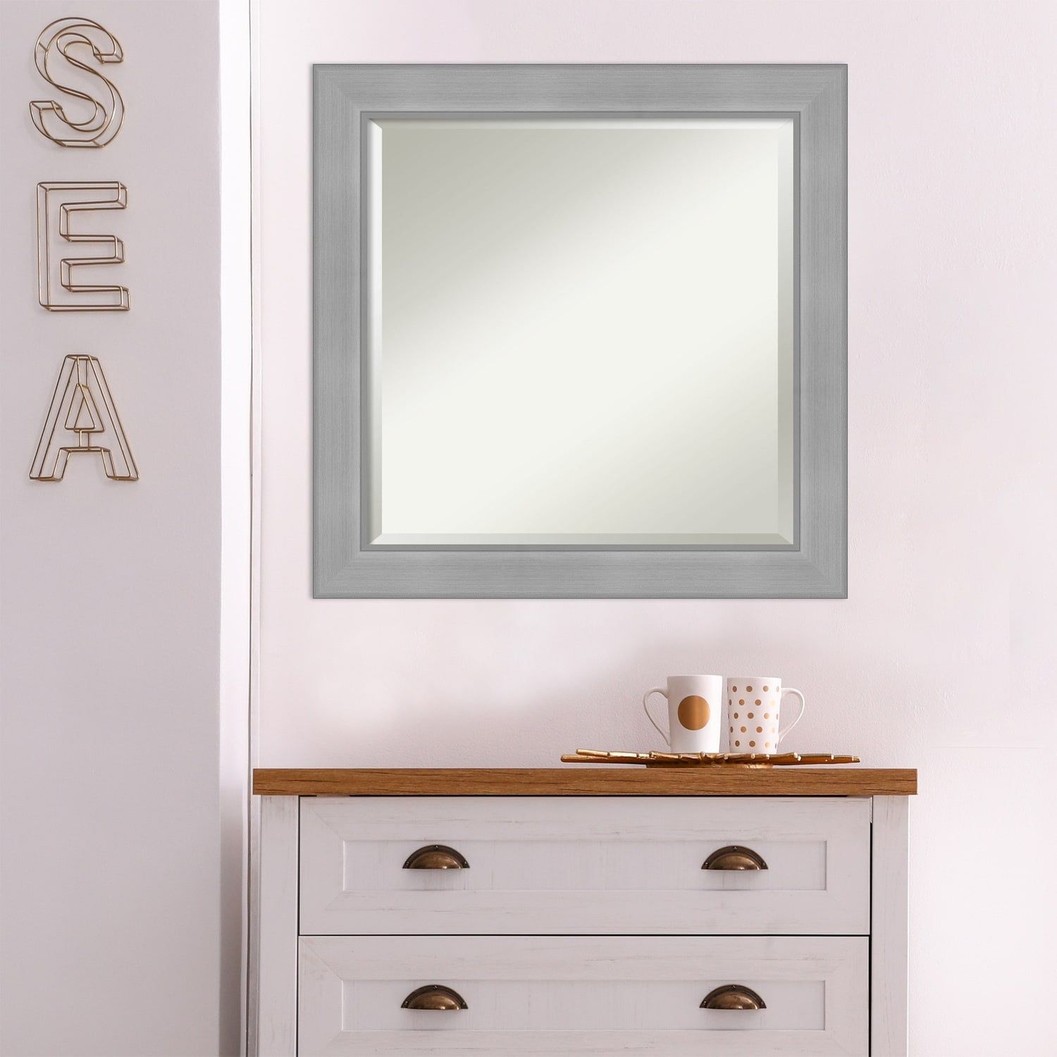 Elegant Vista Brushed Nickel 24" Square Beveled Wall Mirror