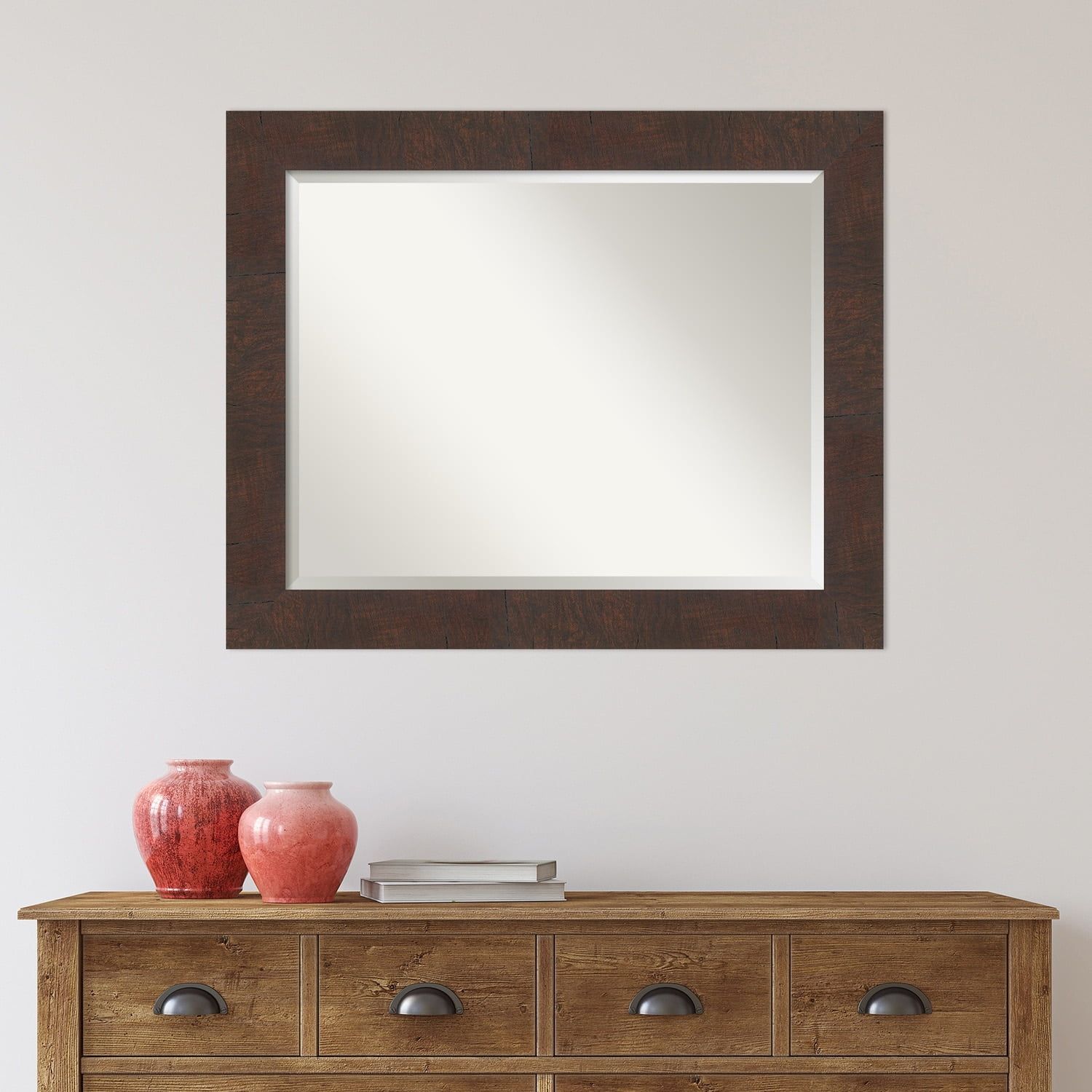 Wildwood Brown Rectangular Bathroom Mirror with Silver Crosshatch Accent, 33x27 in