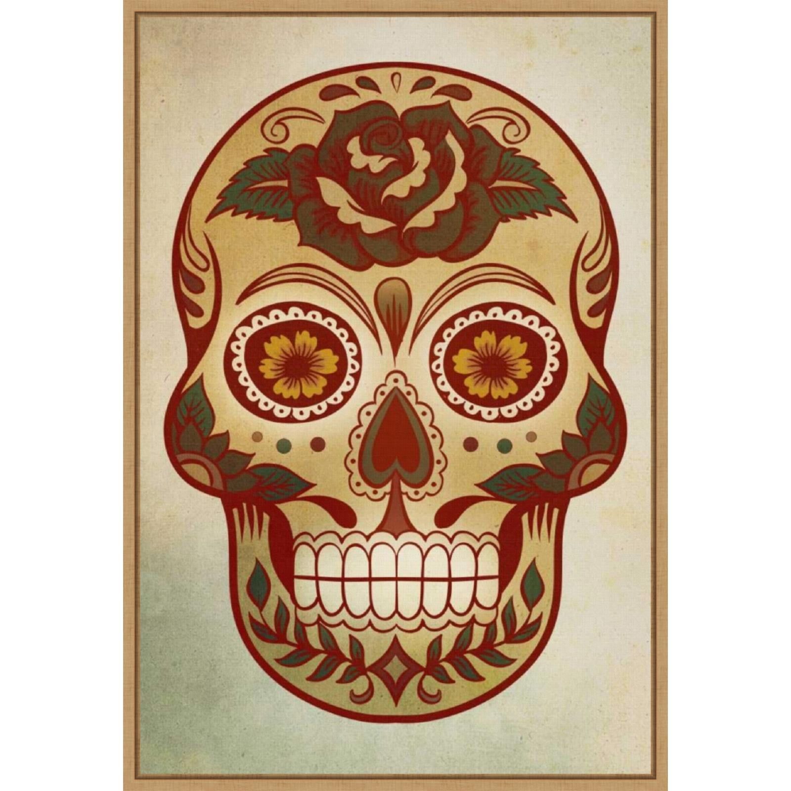 Day of the Dead Skull Canvas Wall Art with Maple Frame