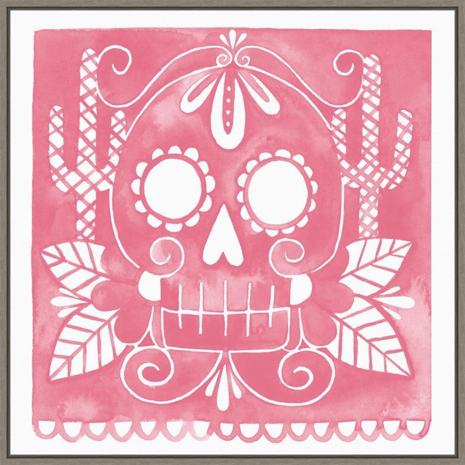 Pink and White Halloween Skull Canvas Print with Frame