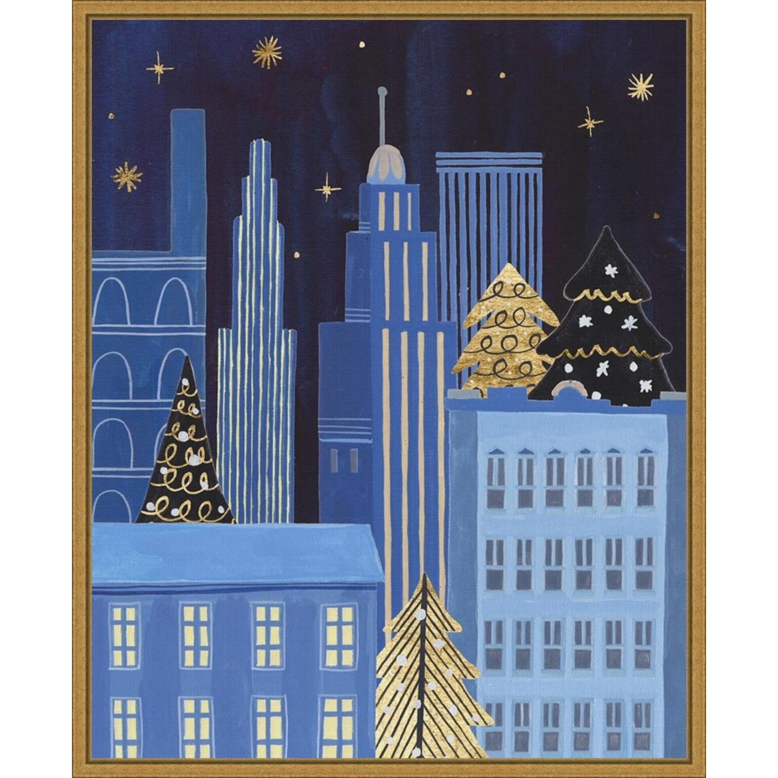 Holiday Night Blue and Gold Framed Canvas Wall Art