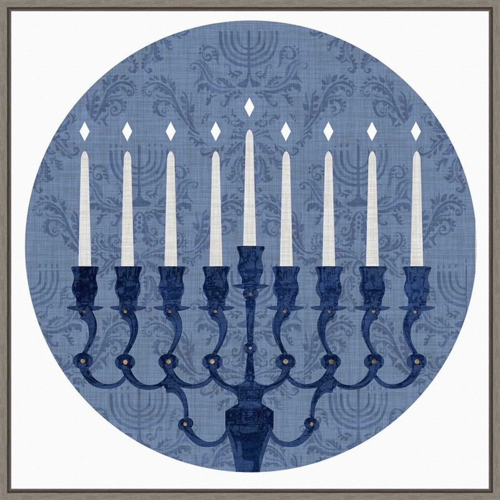 Blue and White Hanukkah Menorah Framed Canvas Wall Art