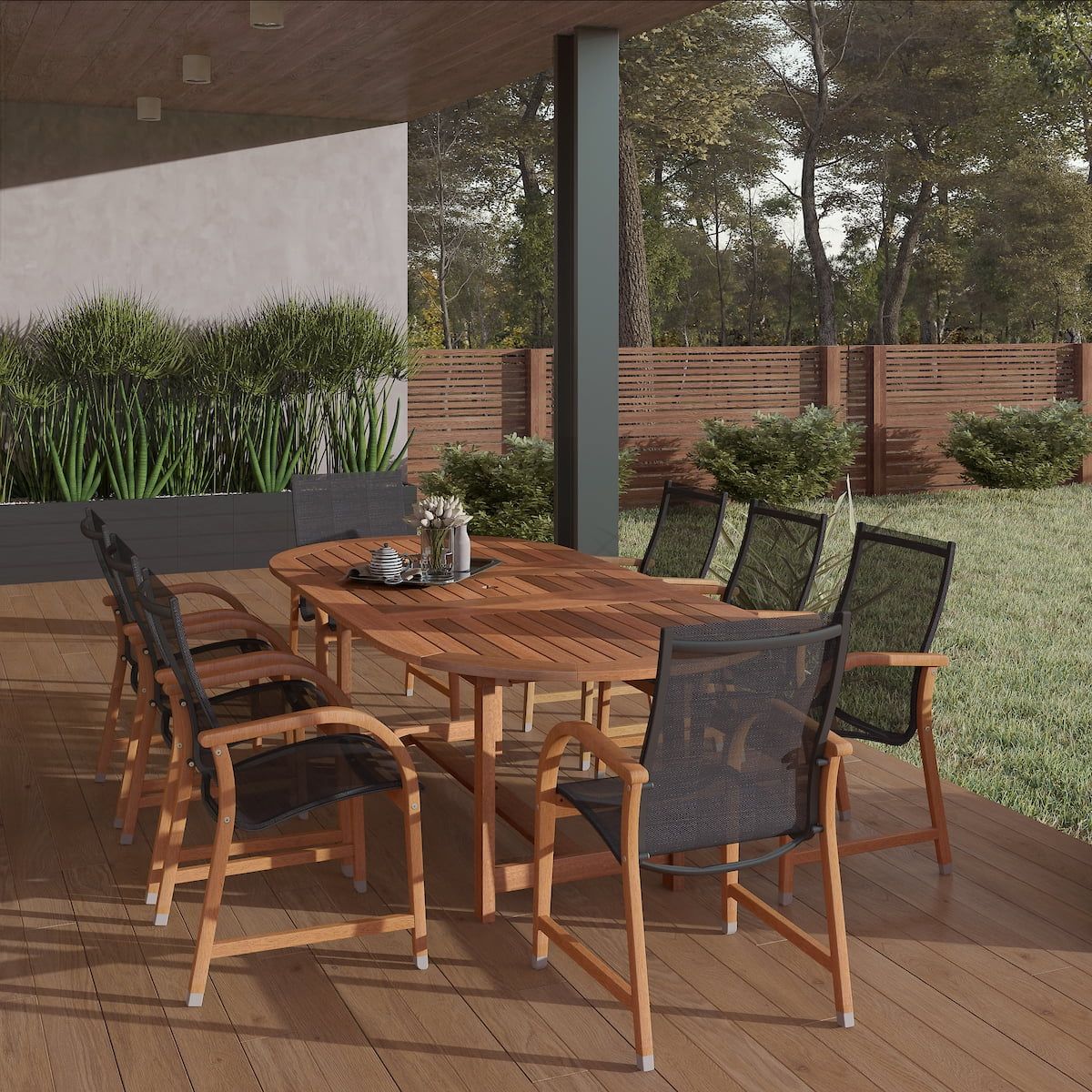 Bahamas 9-Piece Eucalyptus Wood Oval Patio Dining Set with Black Mesh Chairs