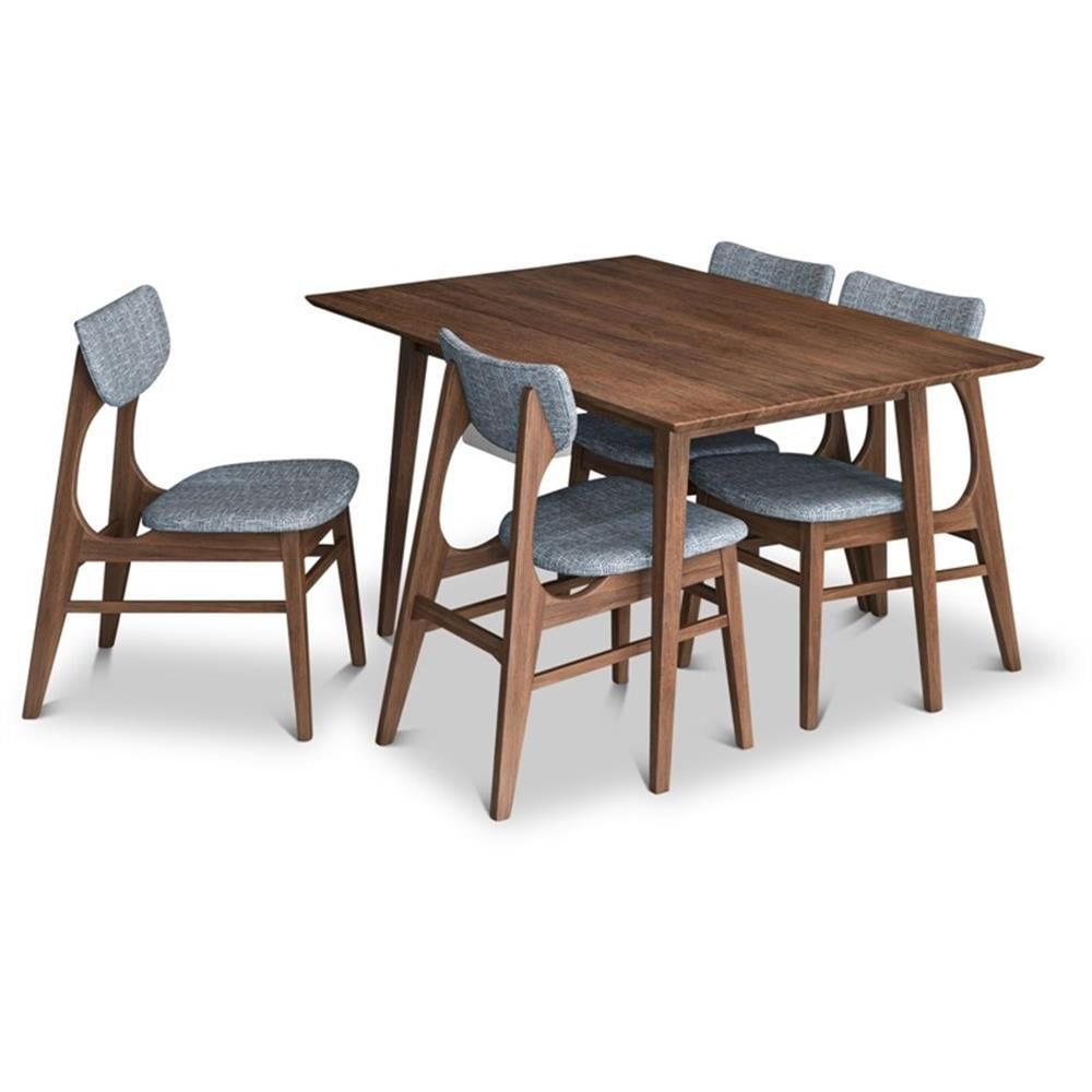 Walnut Brown Solid Wood Dining Set with Gray Upholstered Chairs