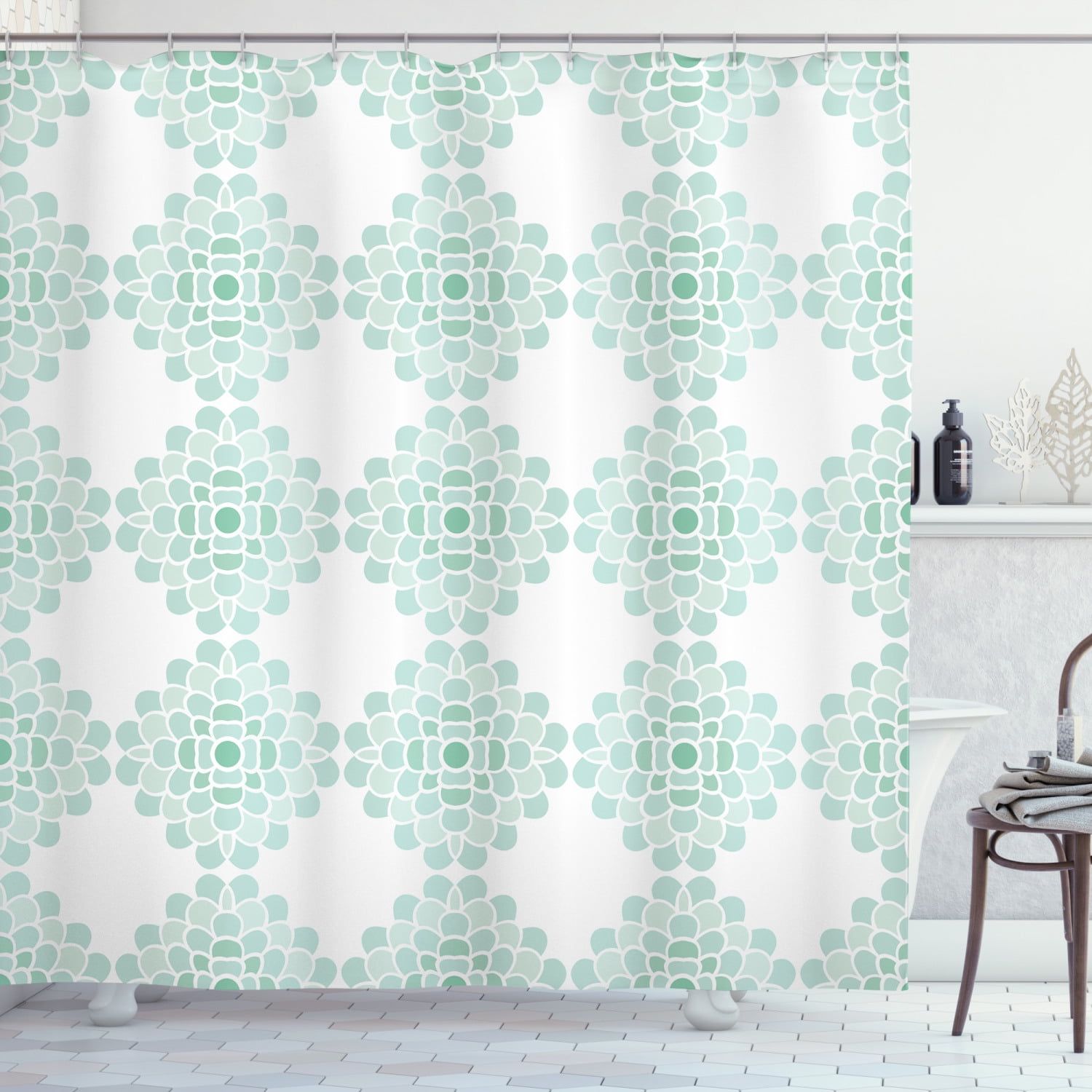 Seafoam White Floral Fabric Shower Curtain 69" x 75"