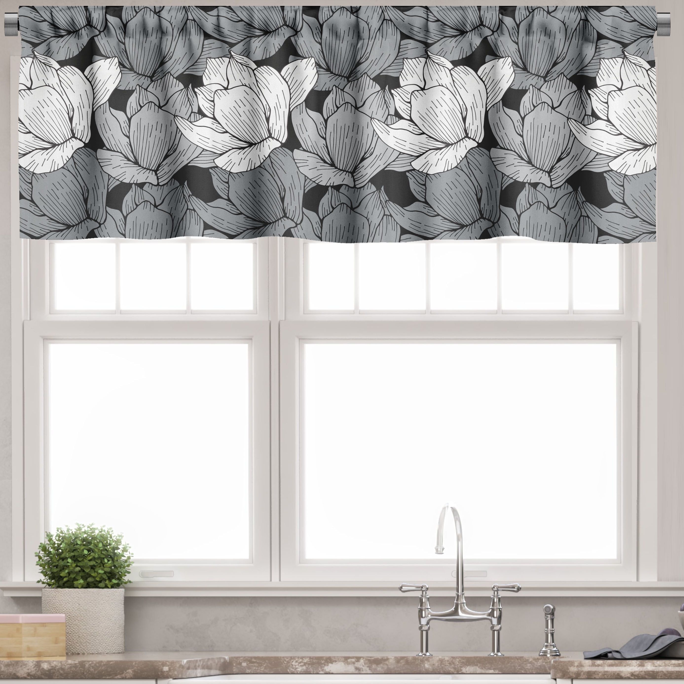 Black and White Floral Polyester Rod Pocket Valance