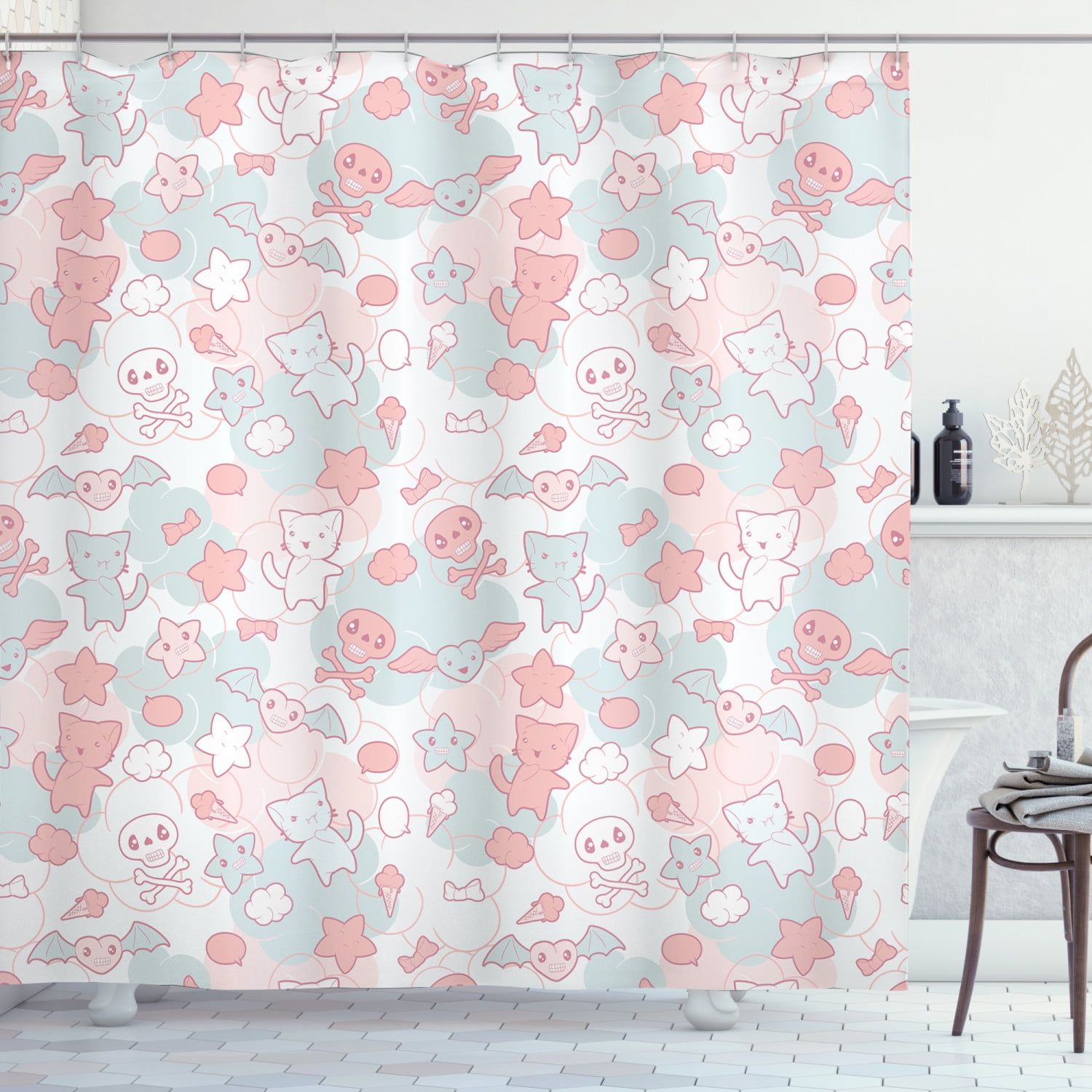 Kawaii Cats and Bats Light Pink Fabric Shower Curtain