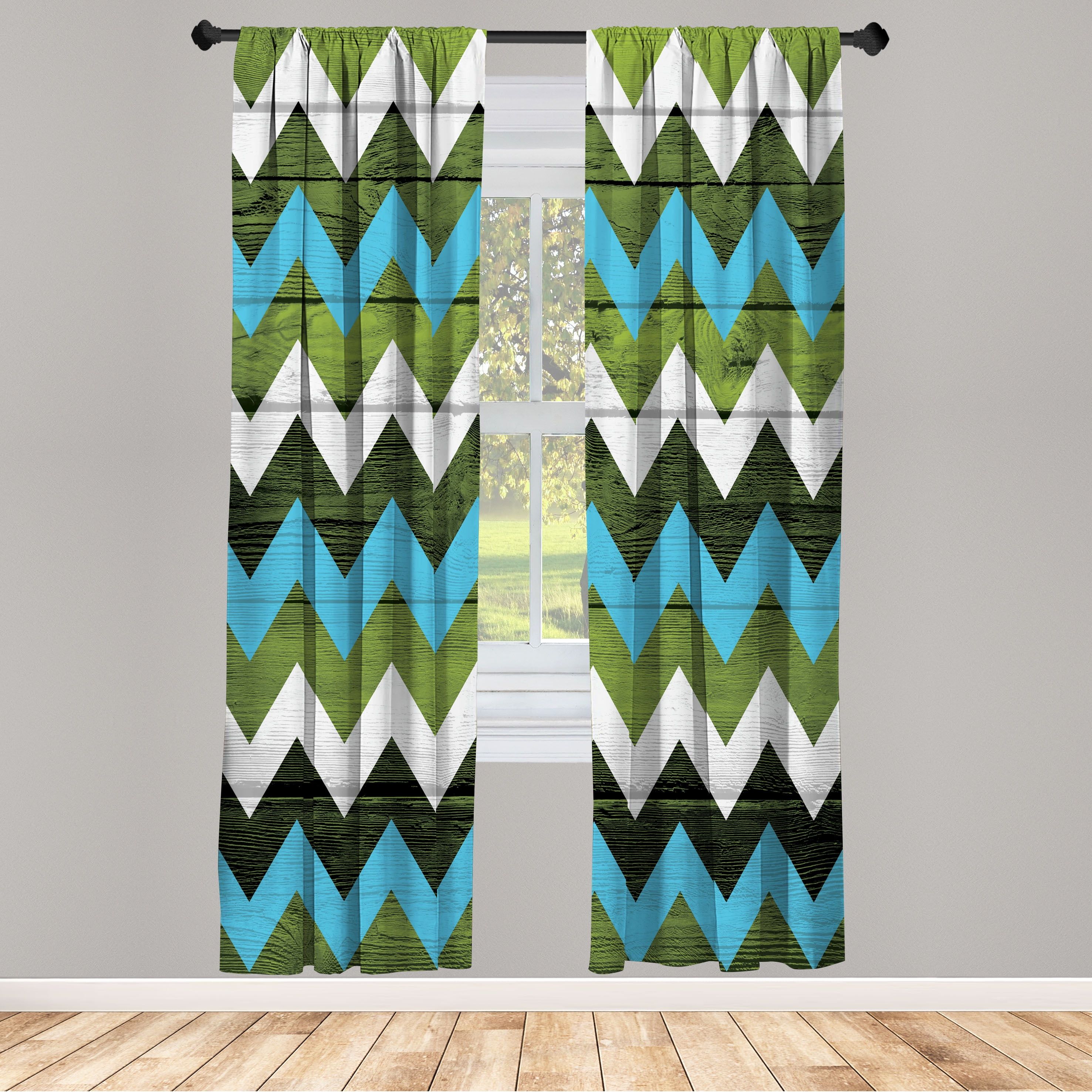 Sky Blue and Green Chevron Rod Pocket Curtain Panels, 28" x 63"