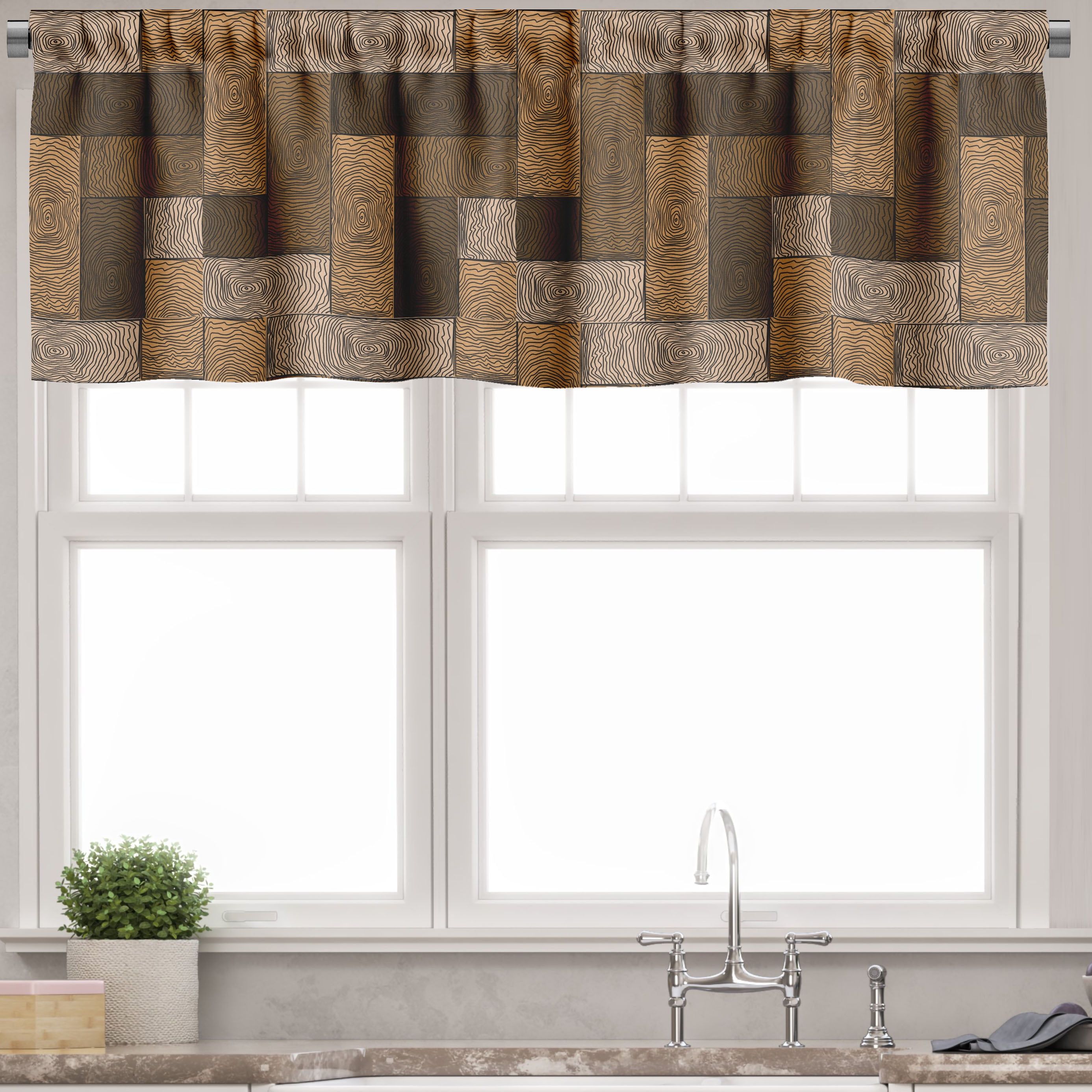 Beige and Brown Wooden Parquet Rod Pocket Valance Set