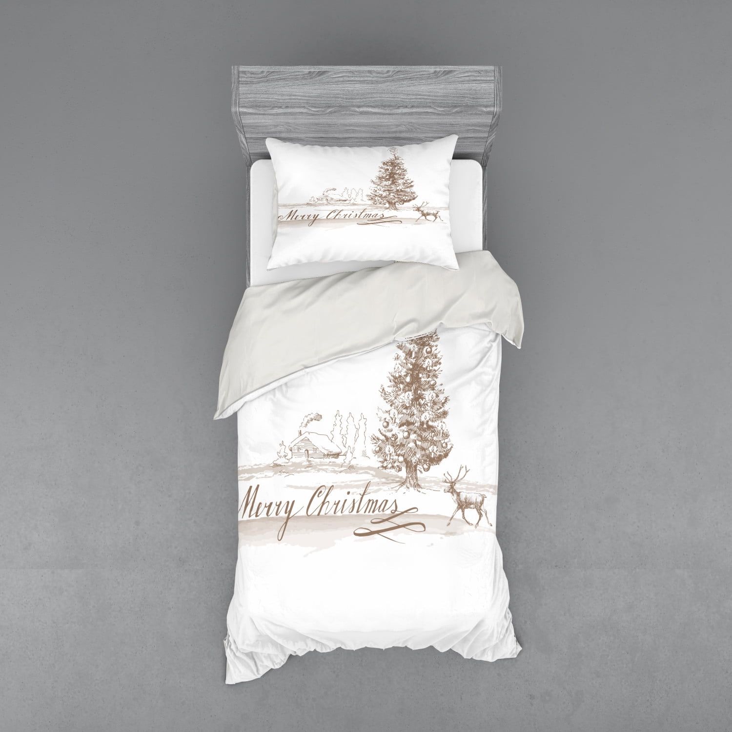 Vintage Christmas Twin XL Brown and White Duvet Set