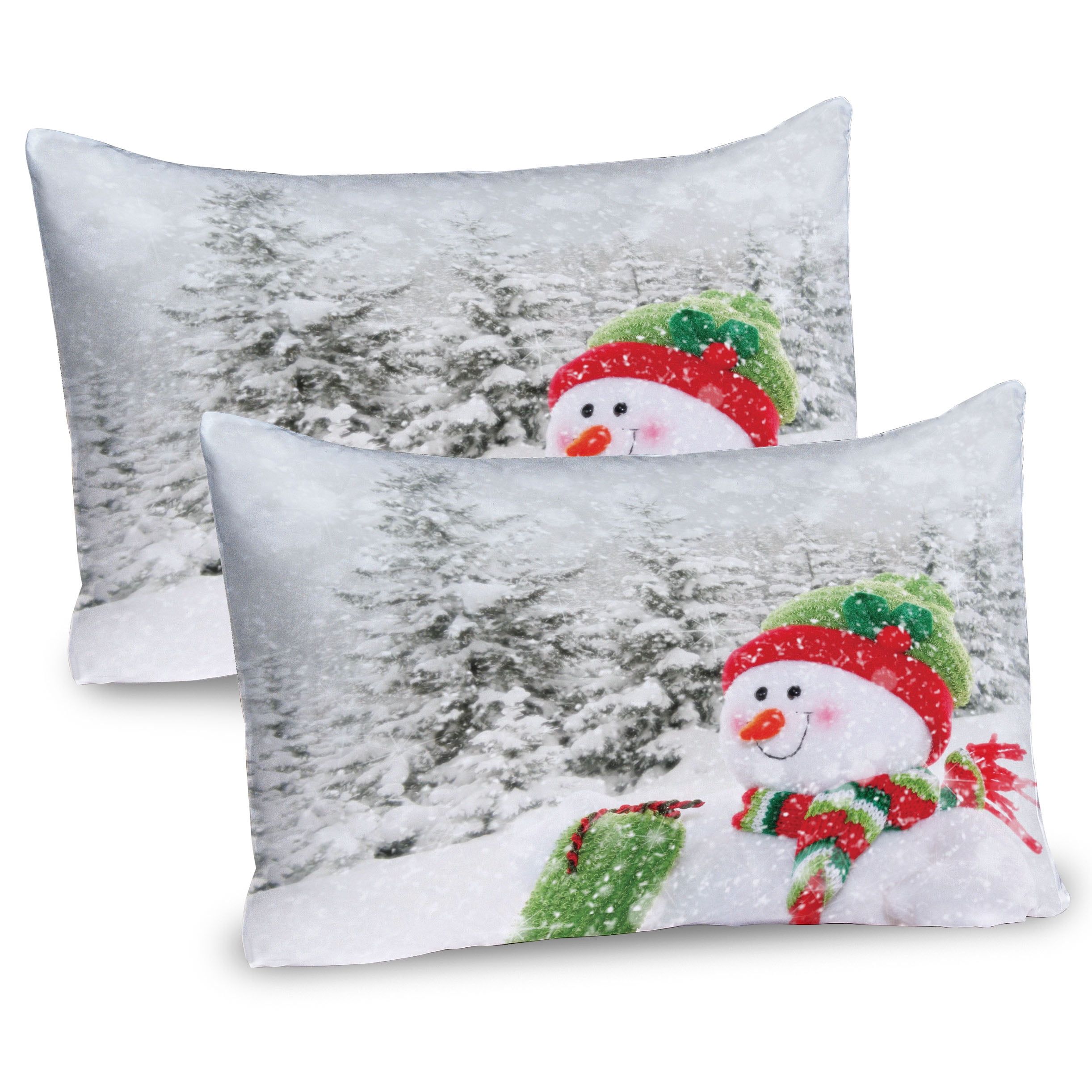 Snowy Woodland Holiday White and Red Microfiber Pillow Shams