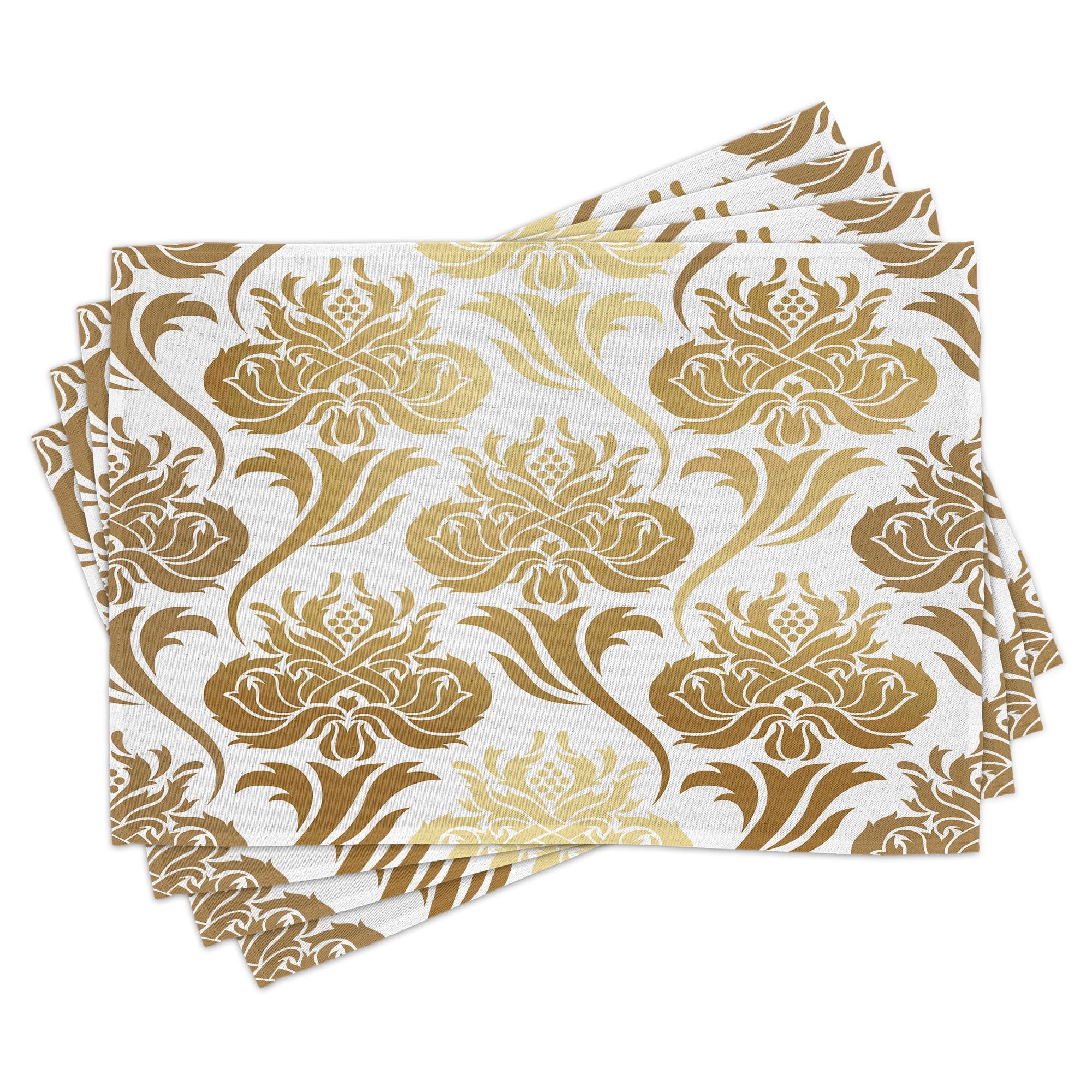 Caramel and Pale Yellow Damask Floral Polyester Placemats Set of 4