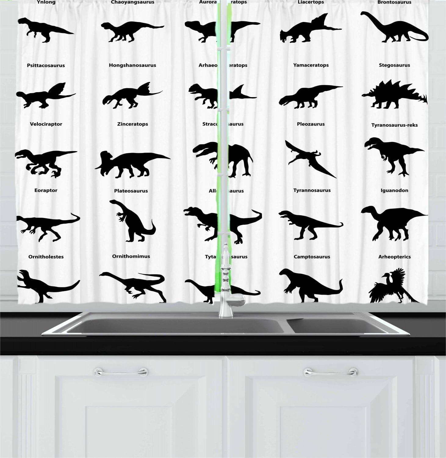 White and Black Dinosaur Silhouette Polyester Kitchen Curtains