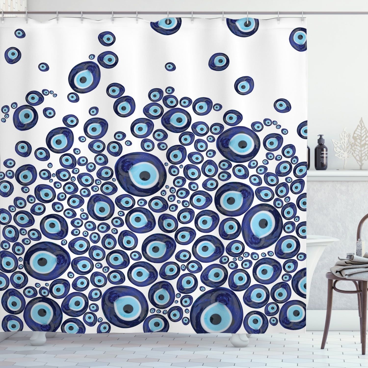 Dark Blue and Pale Blue Evil Eye Fabric Shower Curtain