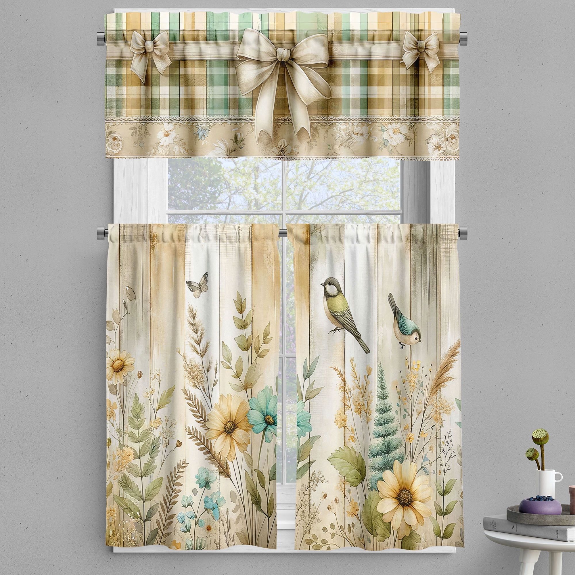 Ecru Seafoam Floral Polyester Kitchen Curtain Set