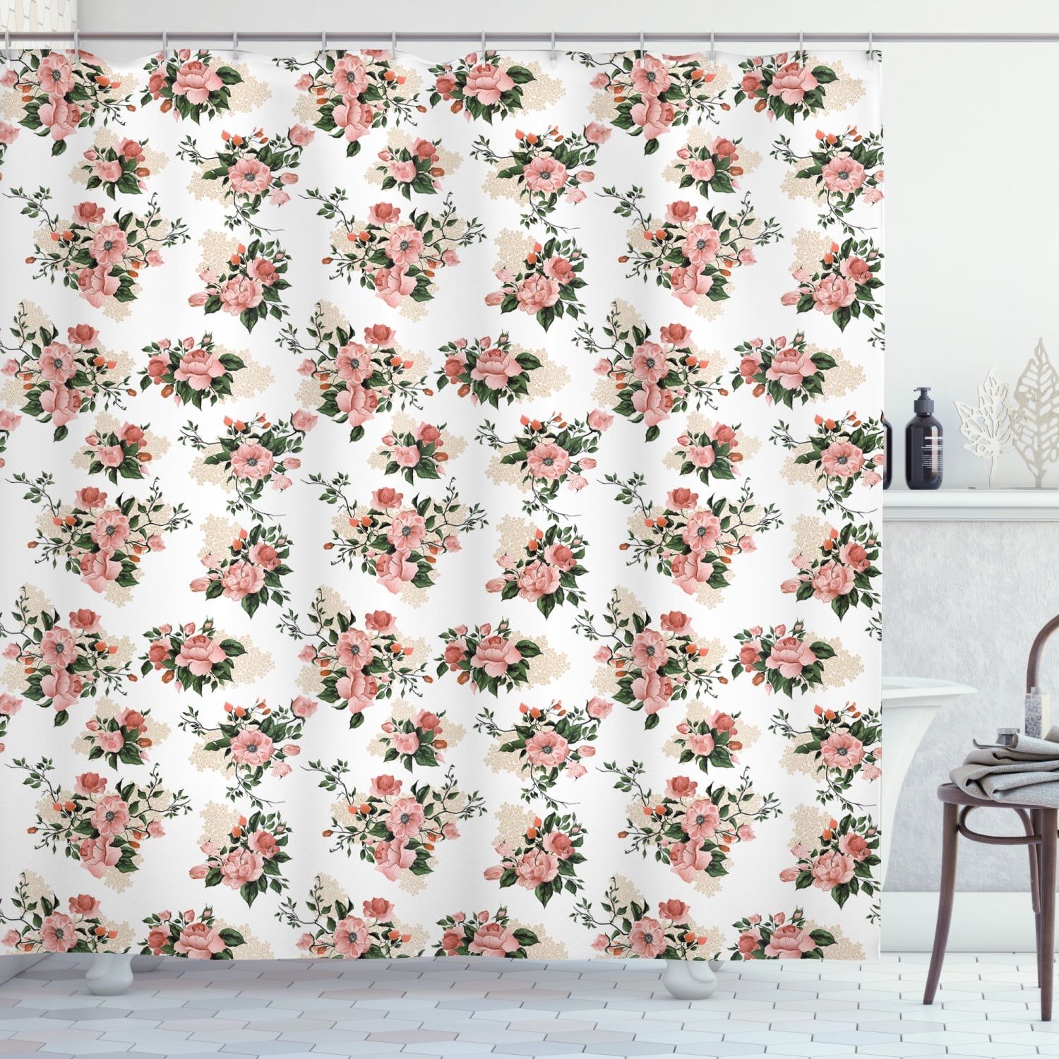 Dried Rose Beige Floral Fabric Shower Curtain 69" x 70"