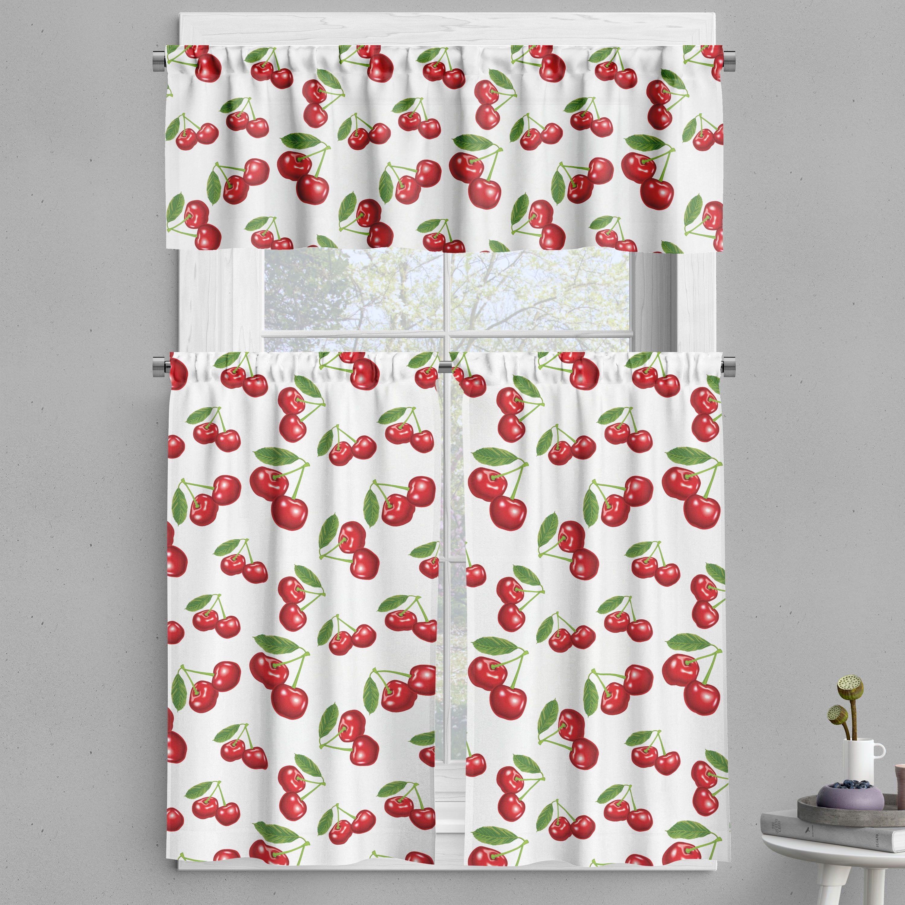 Cherry Fruit Pattern White Polyester Kitchen Tier Curtains