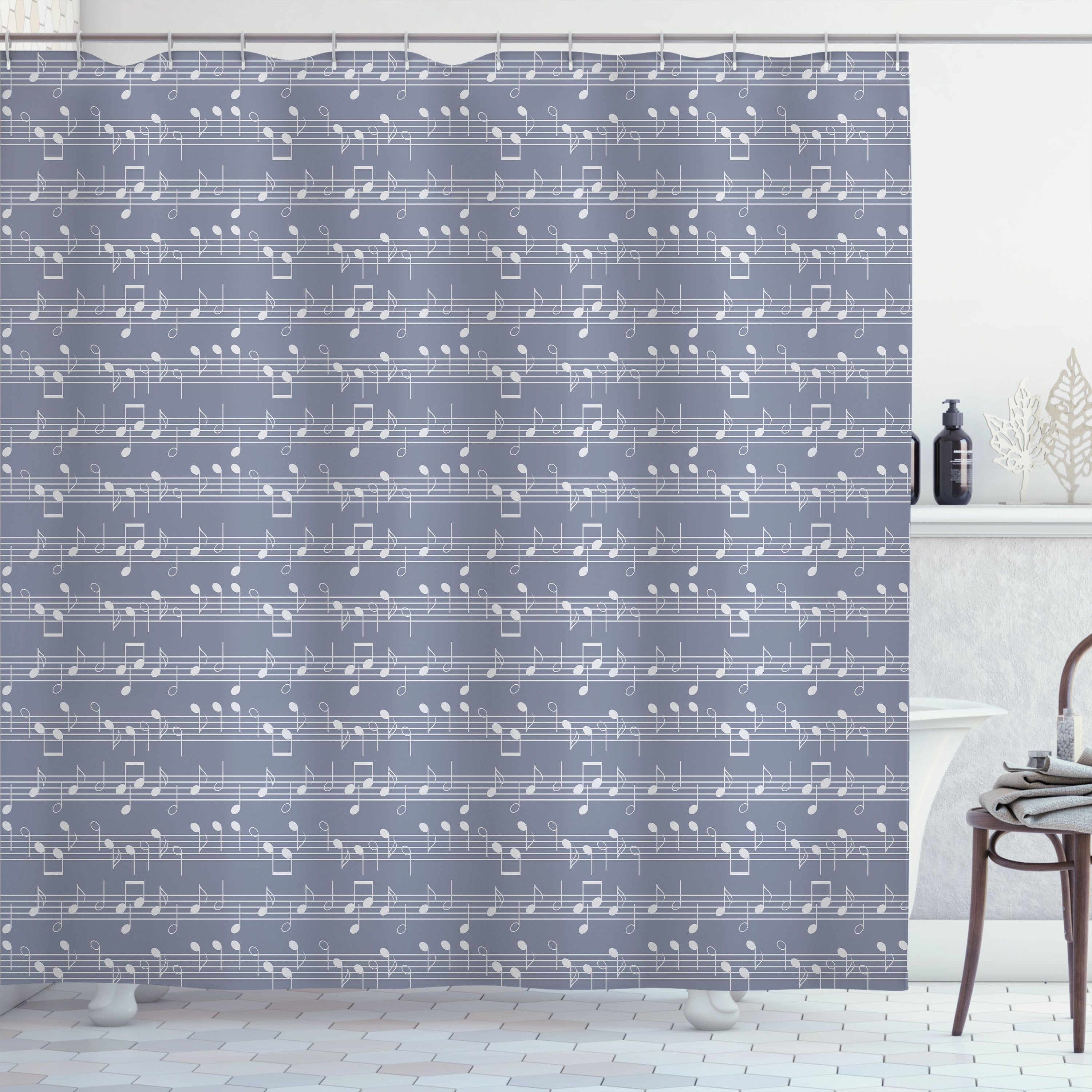 Pale Lavender and Gray Music Note Fabric Shower Curtain