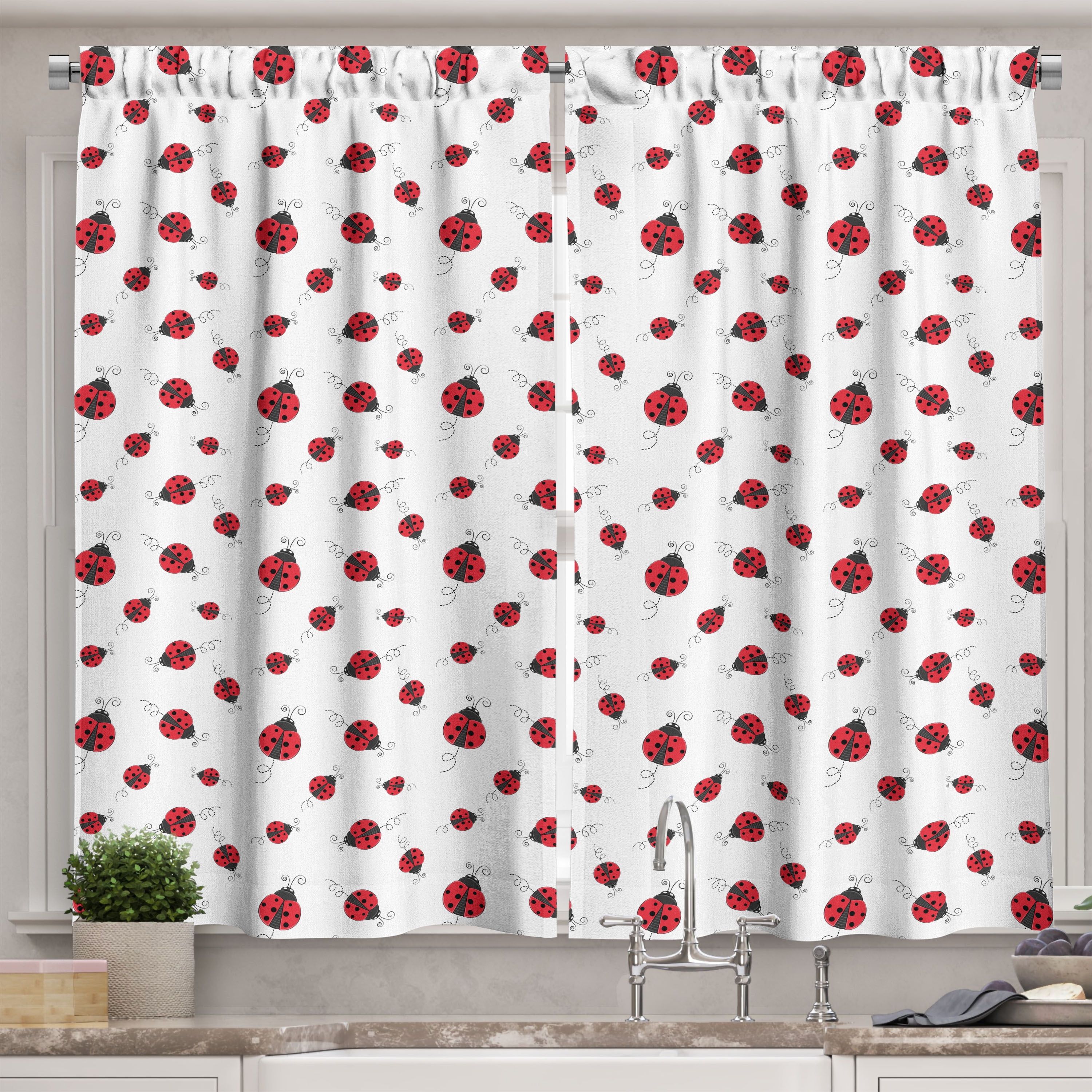 Ladybug Pattern White Polyester Kitchen Tier Curtains