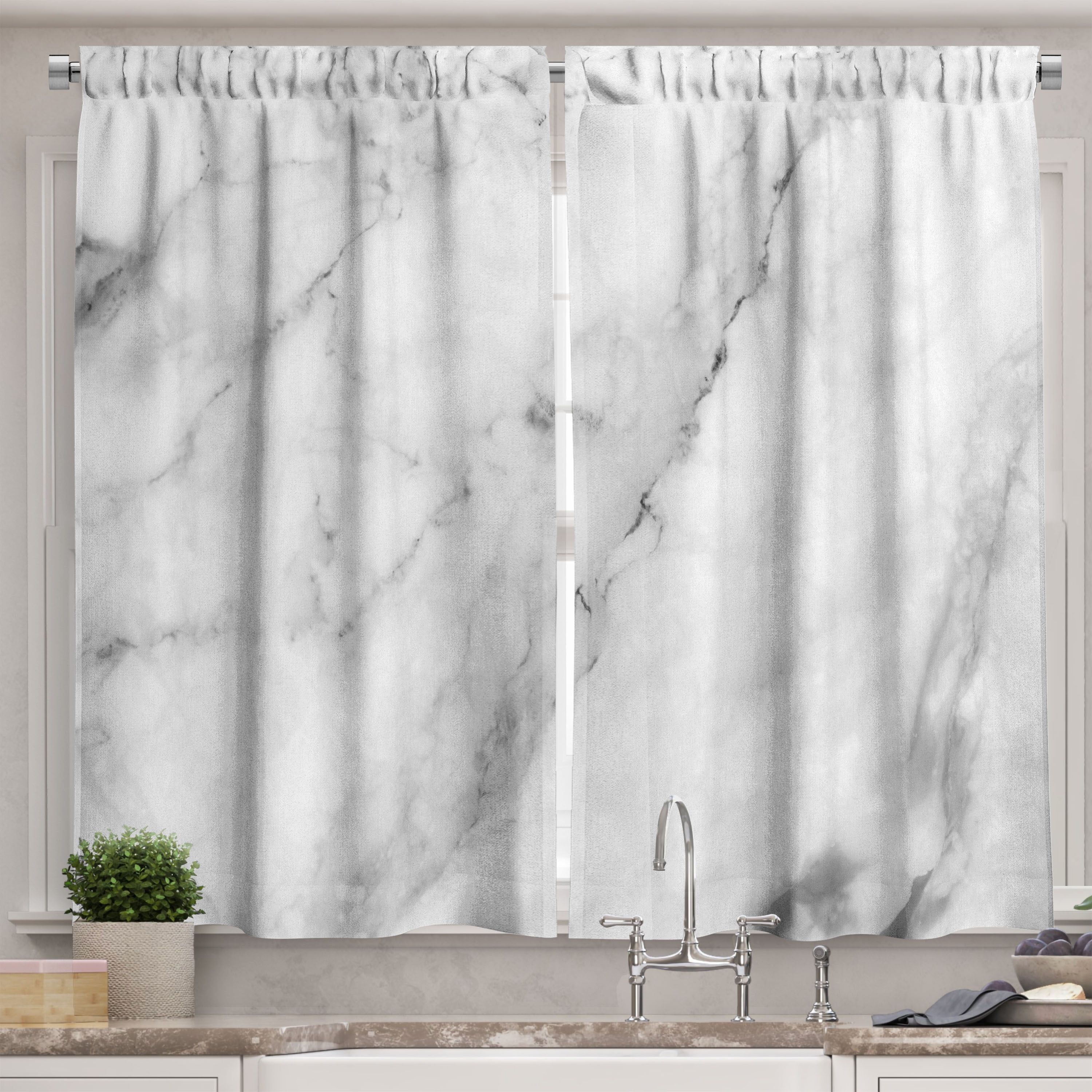 White Marble Print Polyester Kitchen Curtain Set