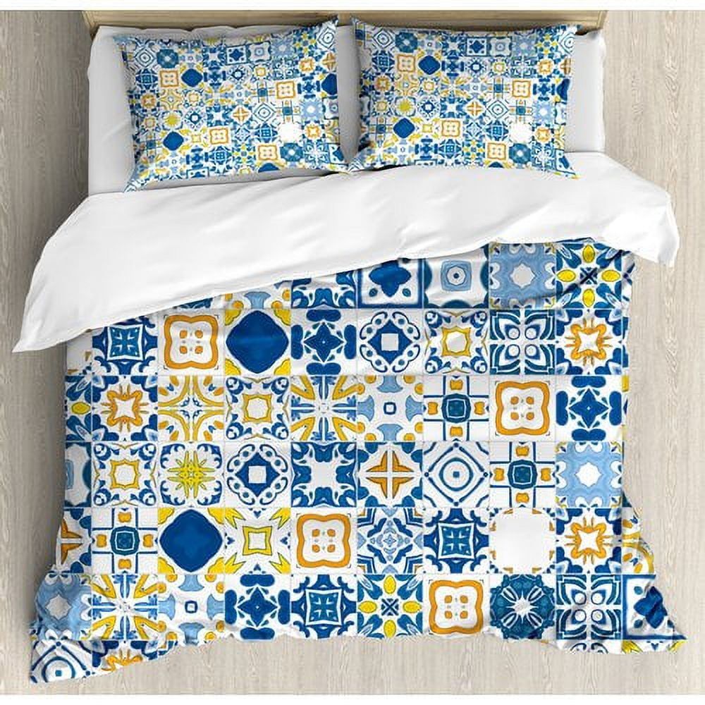 Queen Blue and Yellow Mosaic Microfiber Duvet Cover Set