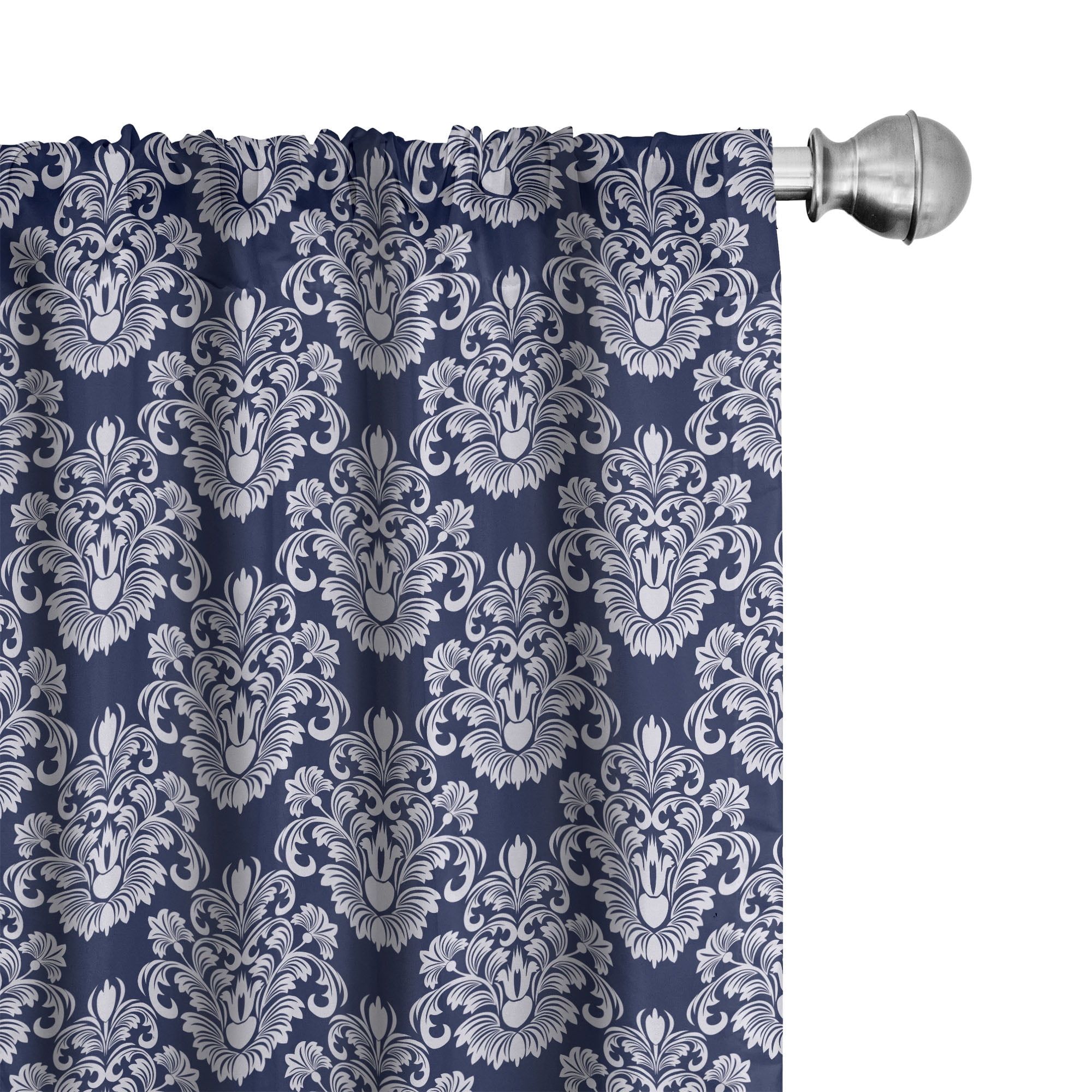 Navy Blue and White Floral Damask Room-Darkening Curtain Panels, 28" x 63"