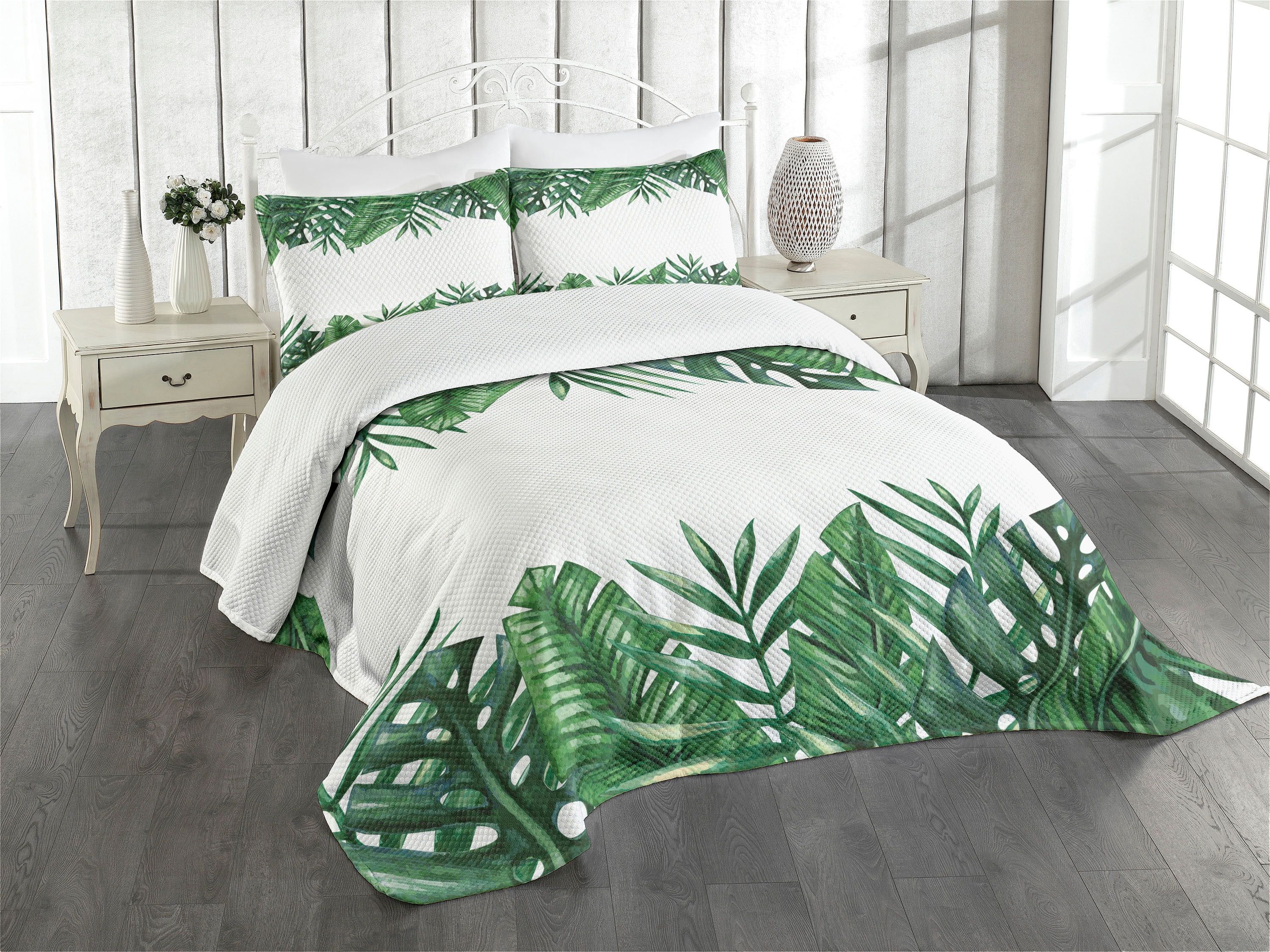 King Size Hunter Green Palm Leaf Microfiber Bedspread Set