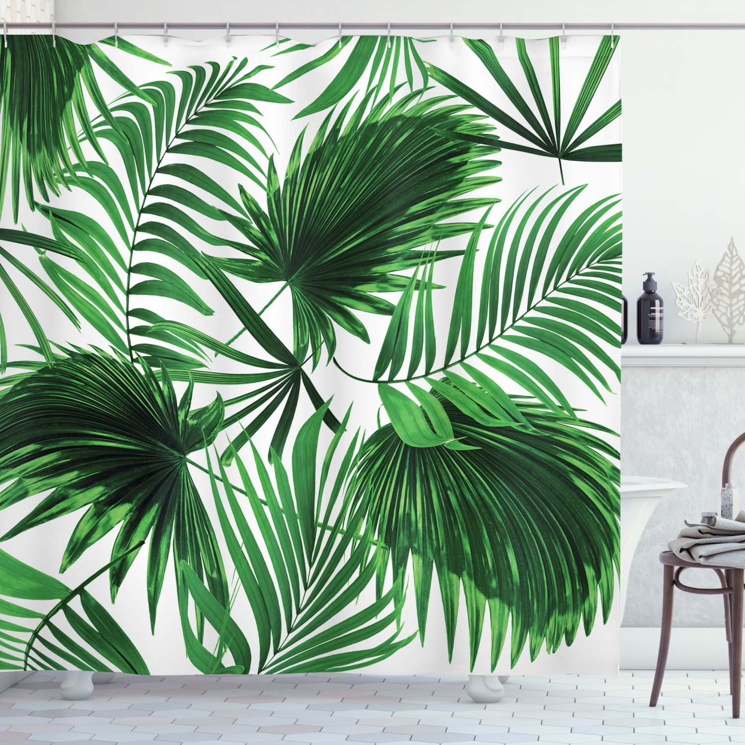 Fern Green and White Palm Leaf Fabric Shower Curtain, 69" W x 84" L