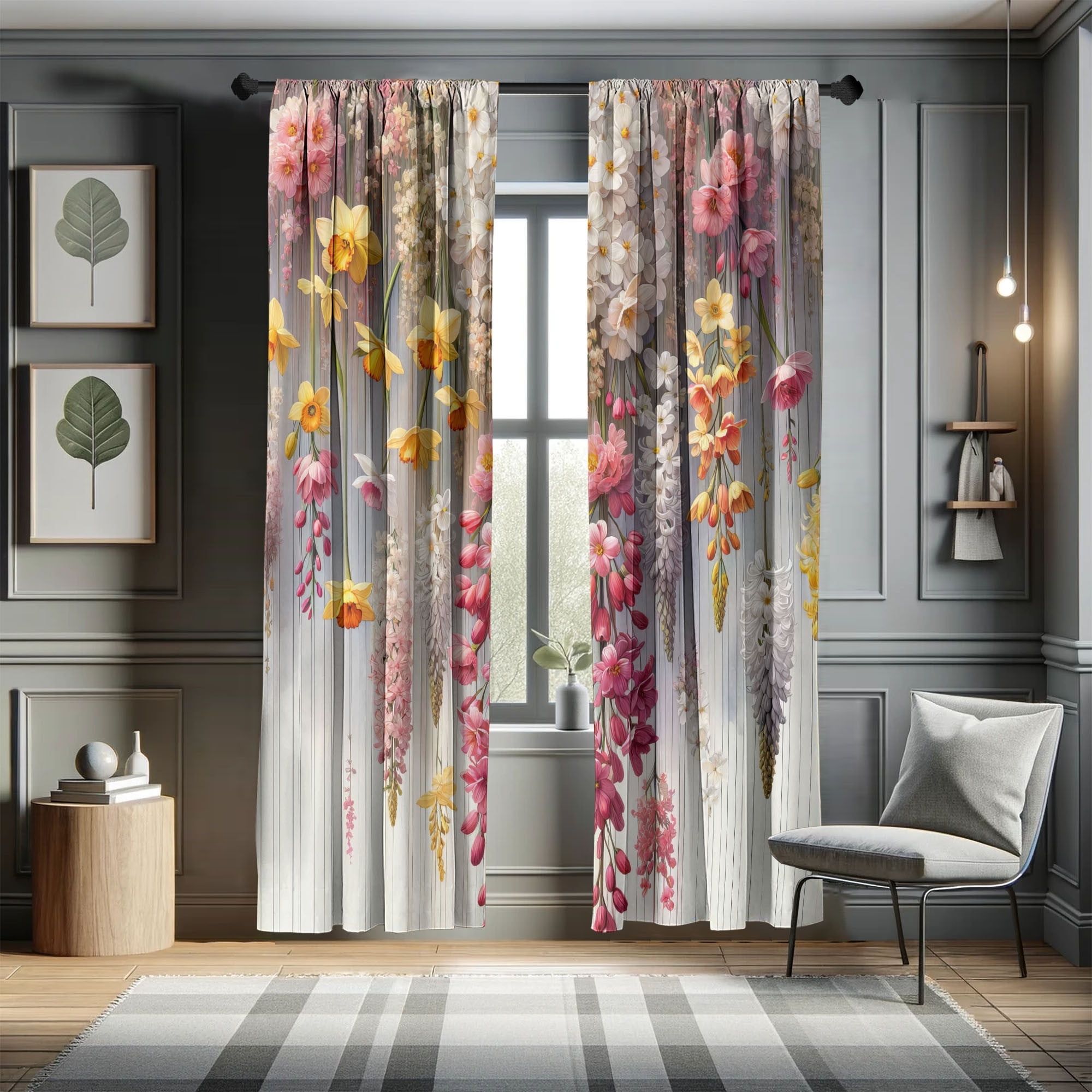 Floral Gray and Mustard Microfiber Rod Pocket Curtain Panels