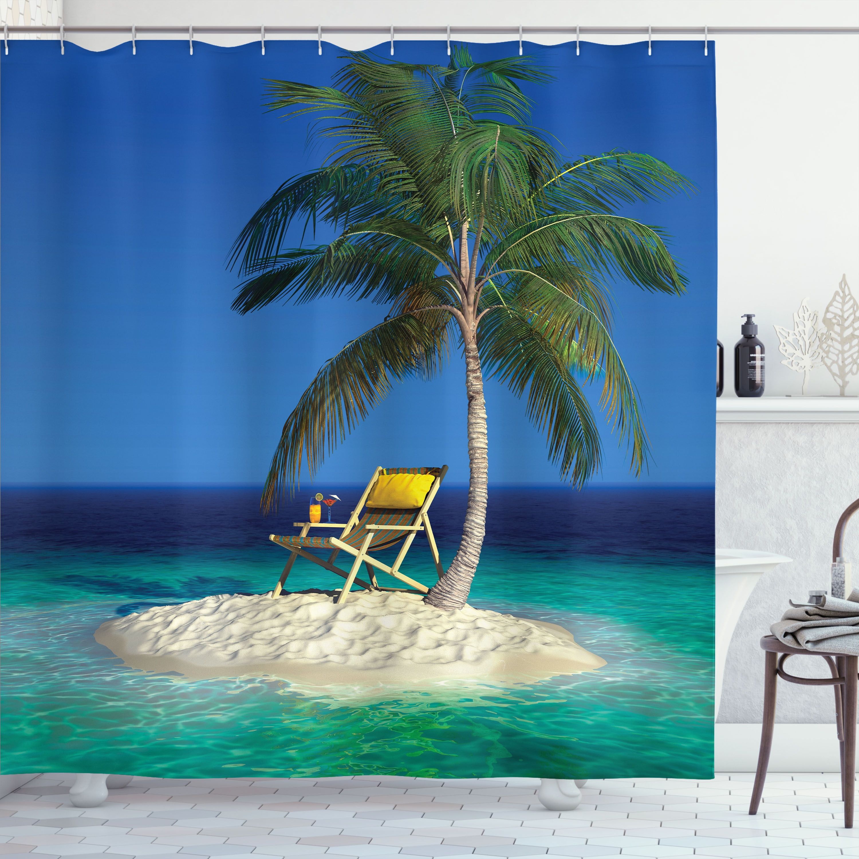 Tropical Island Palm Tree Fabric Shower Curtain 69"x70"