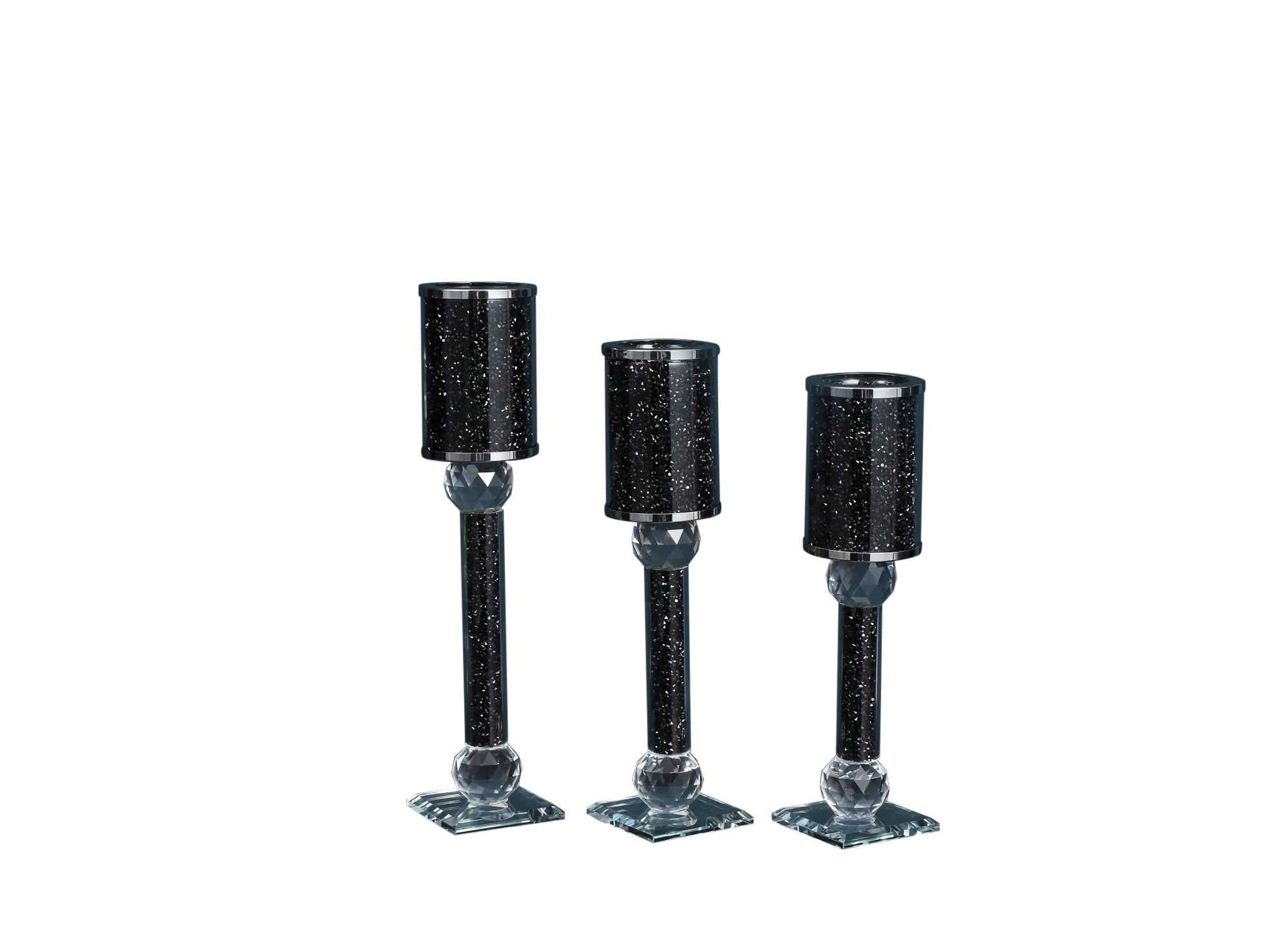 Elegant Crushed Diamond Glass 3-Piece Candlestick Holder Set, Black