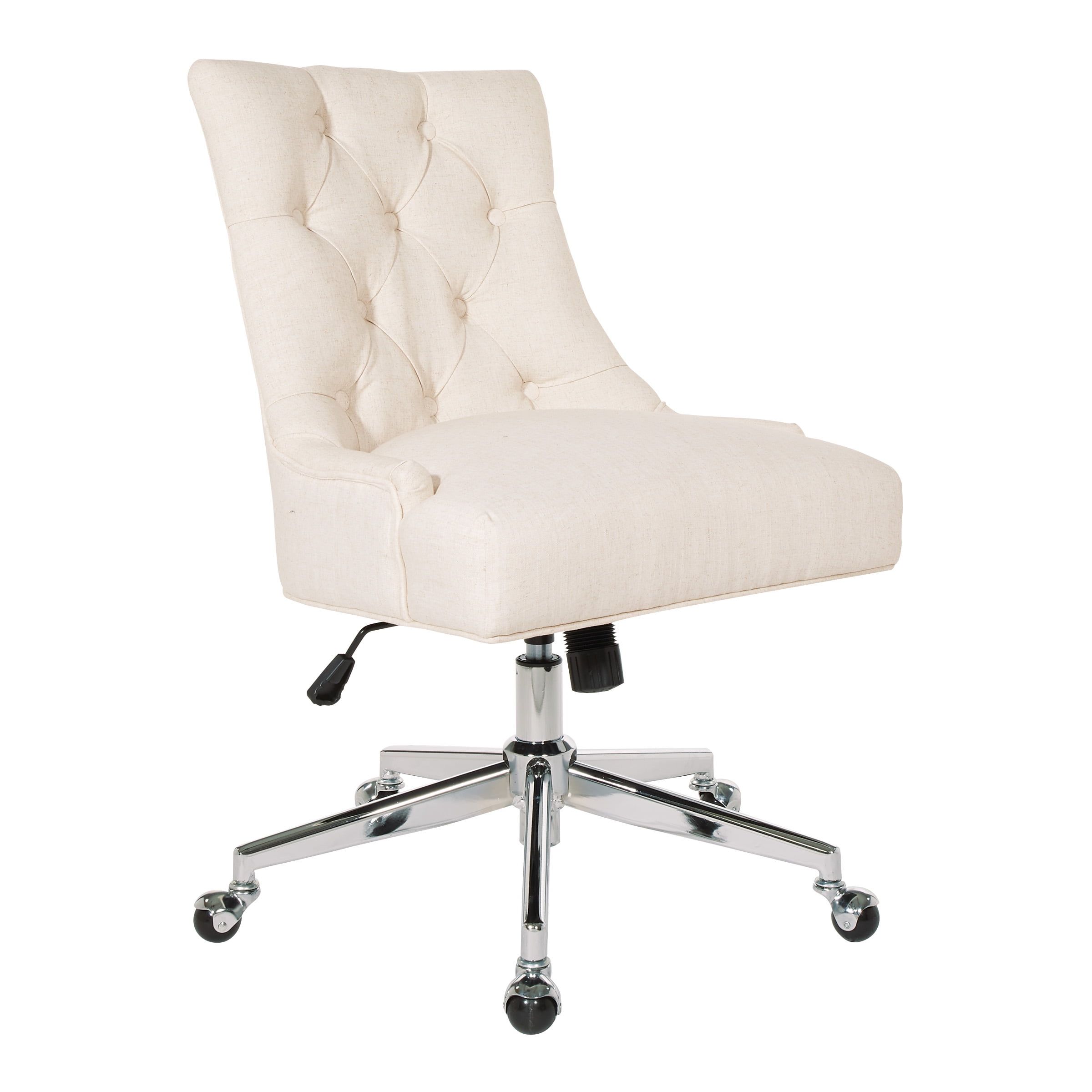 Amelia White Fabric Armless Swivel Office Chair with Chrome Base