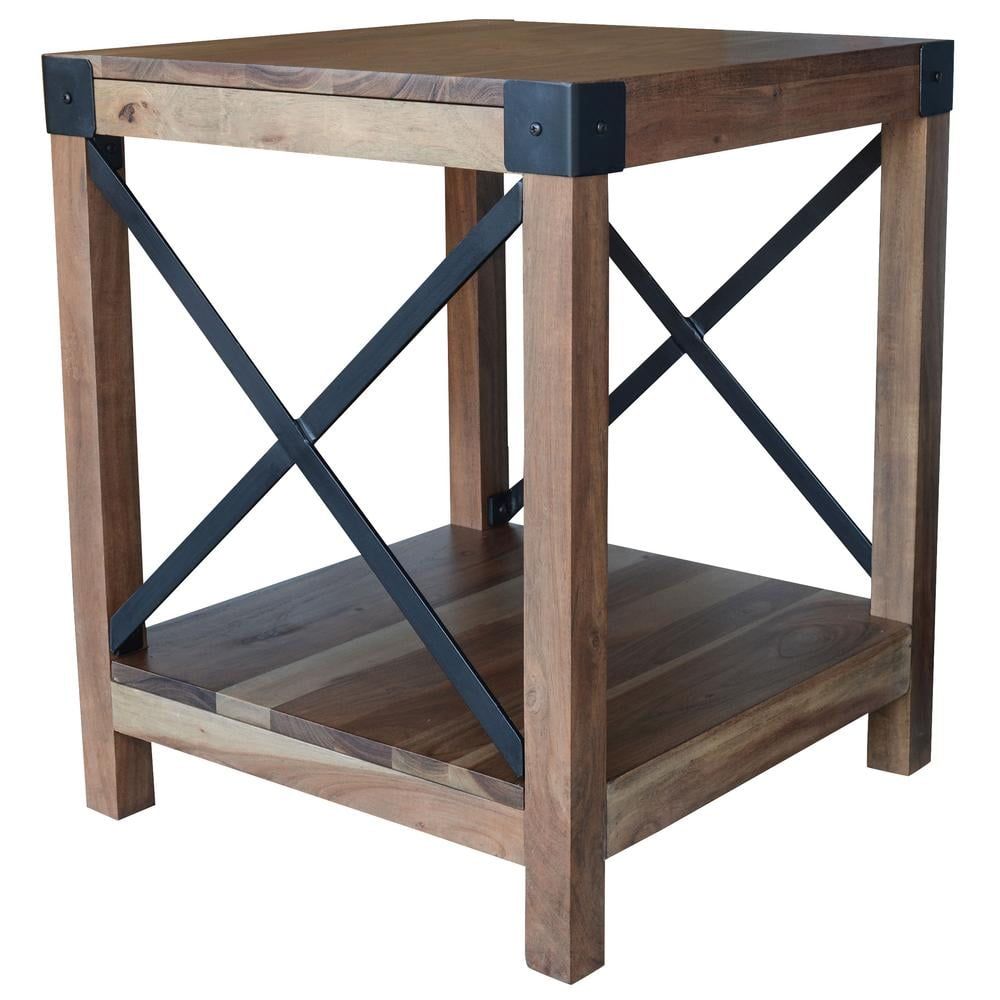 Acacia Wood and Black Metal Rustic Square End Table