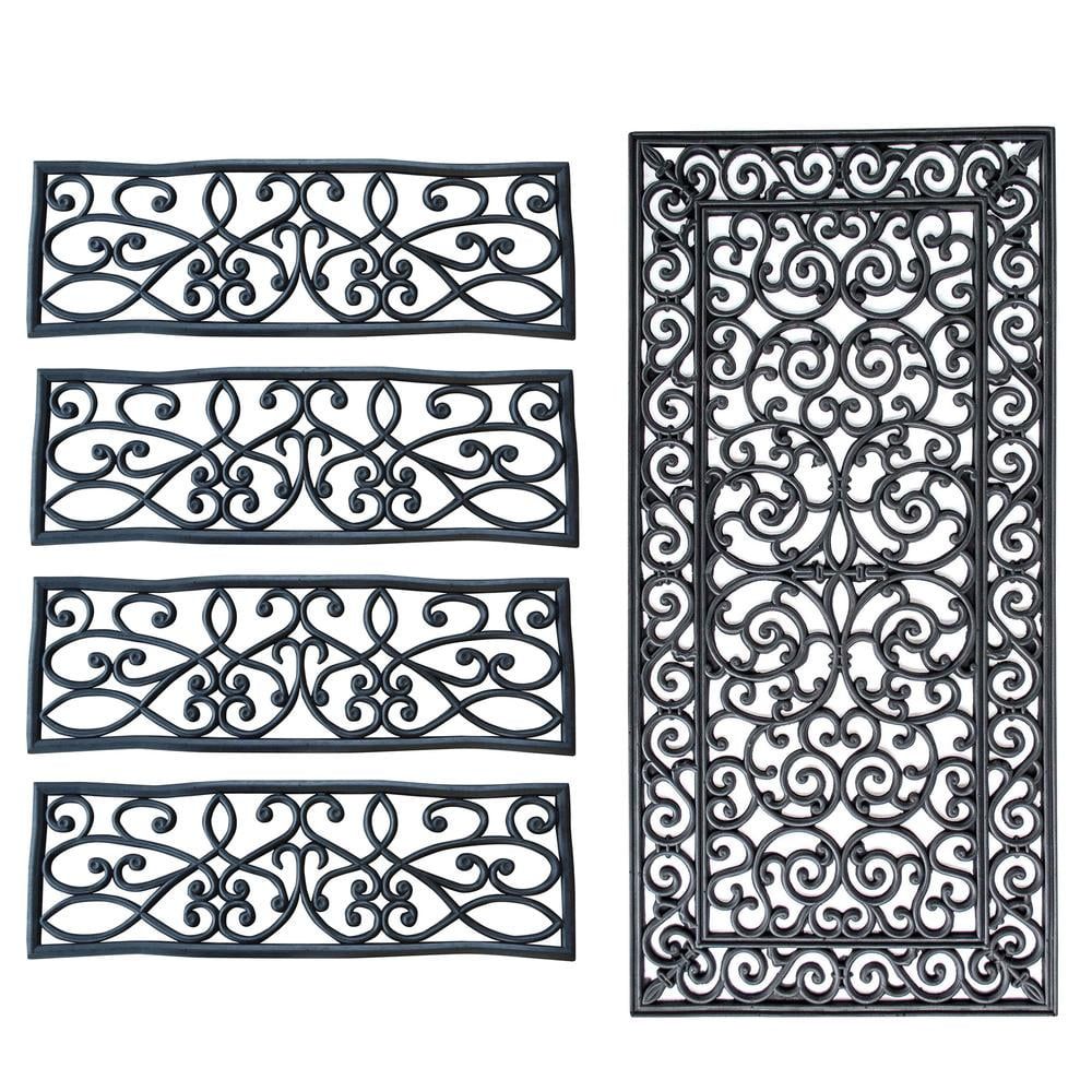 Black Decorative Scrollwork Rubber Entryway Mat Set, 5 Piece