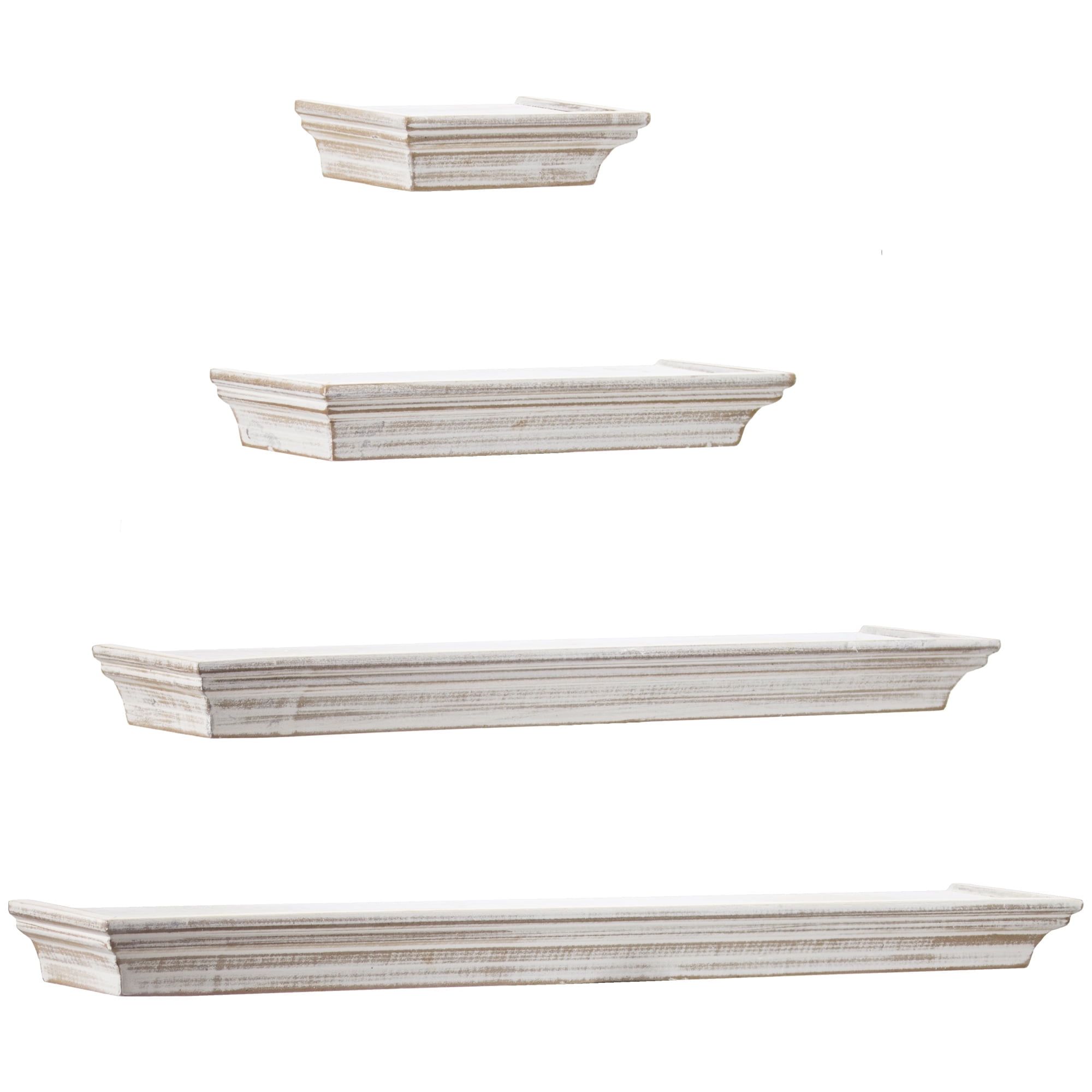 Whitewashed Wood Floating Wall Shelves with Crown Molding - Set of 4