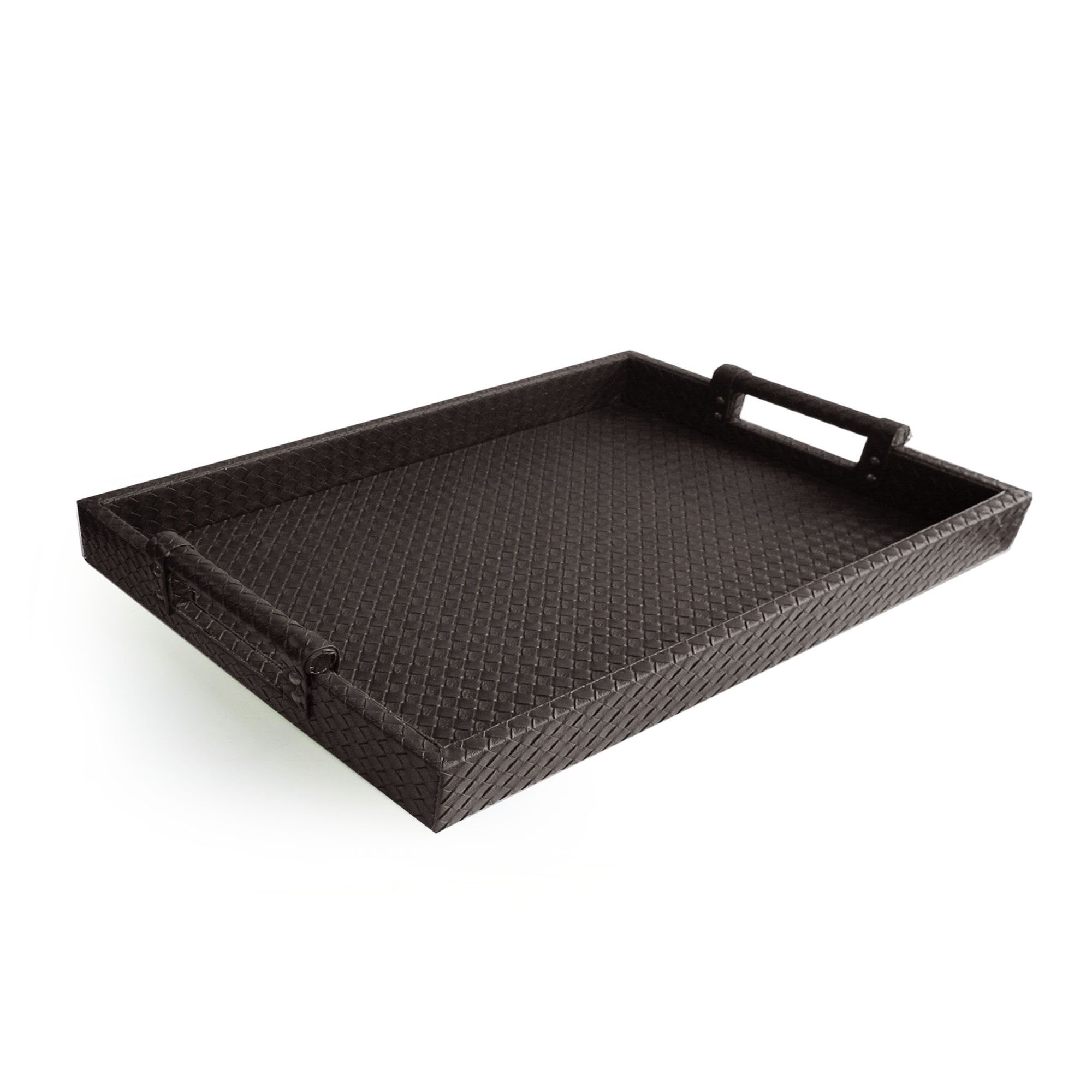 Brown Faux Leather Rectangular Serving Tray with Handles