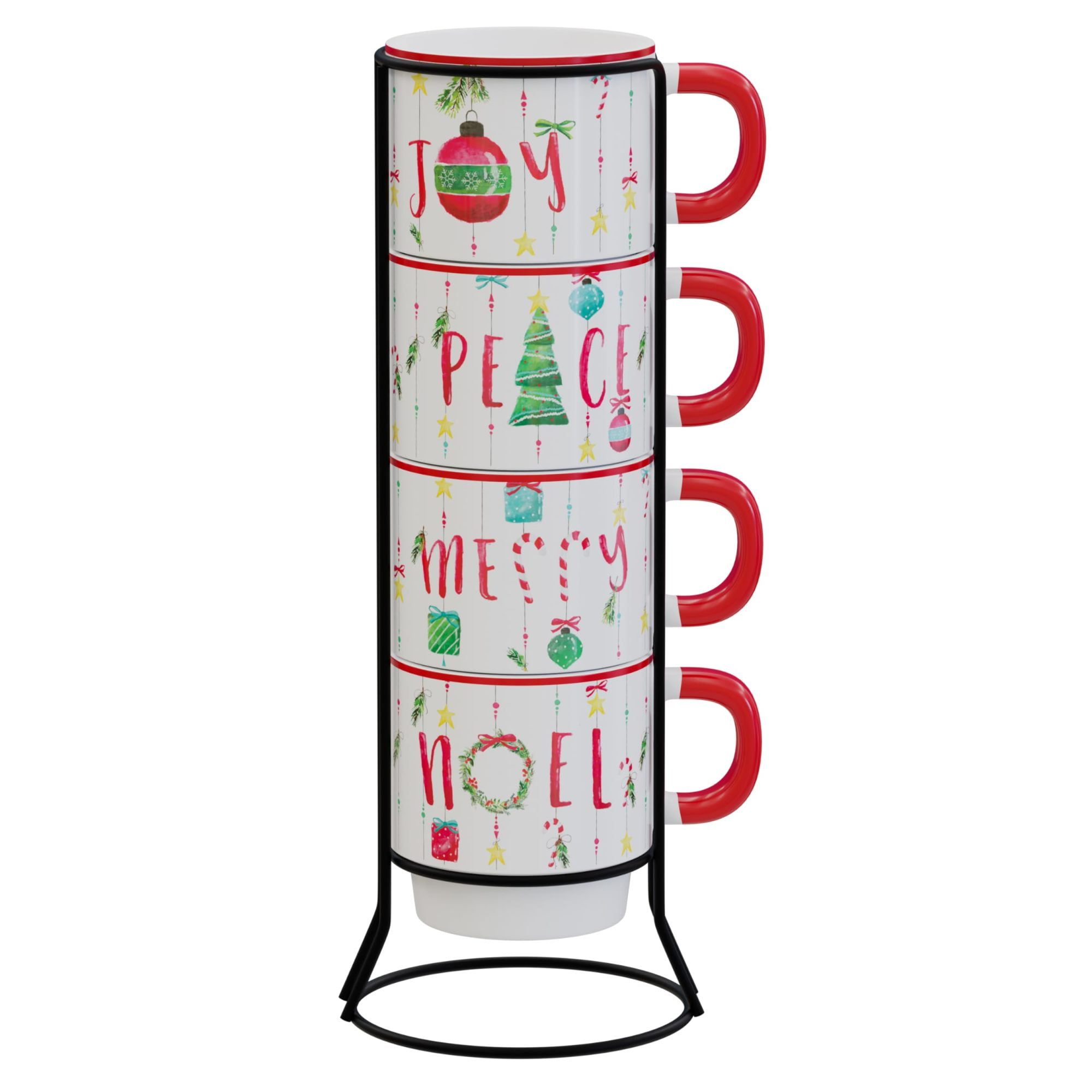 Holiday-Themed White Ceramic Stackable Mug Set with Rack