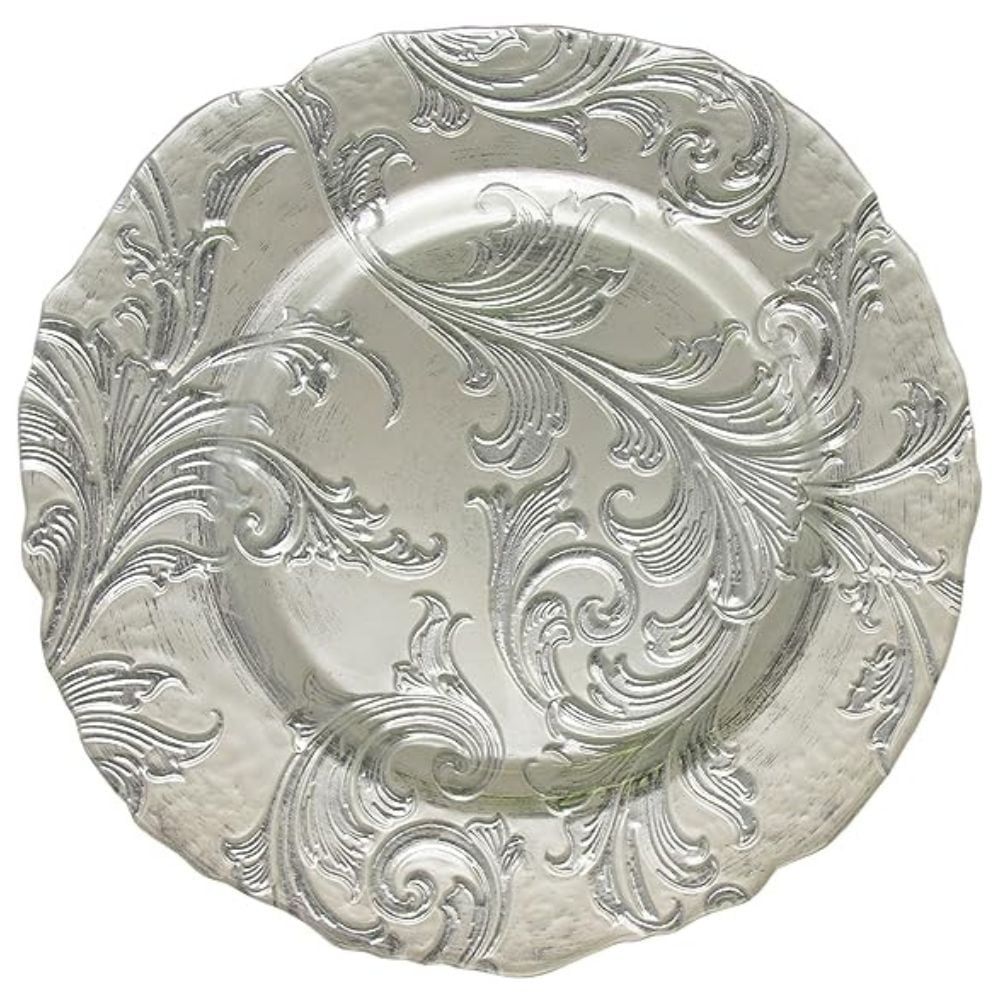 Vanessa 13" Silver Embossed Glass Charger Plate