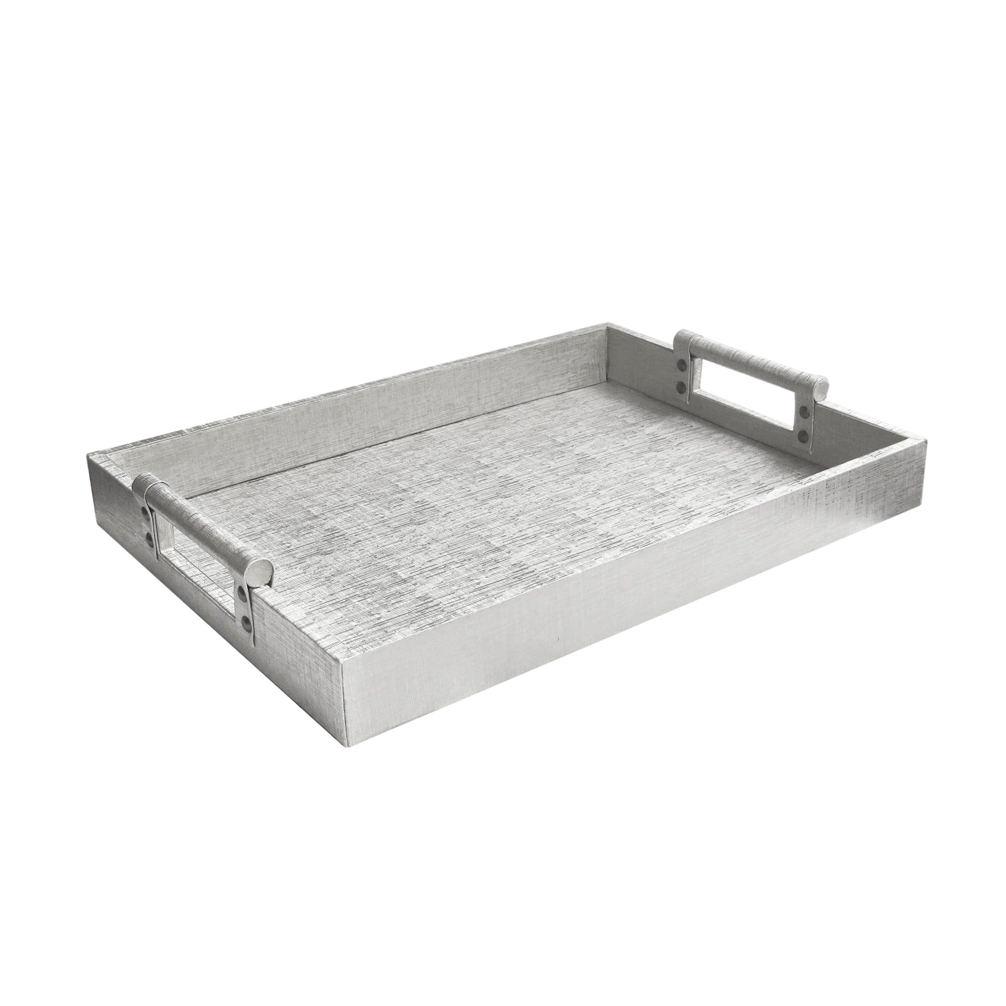 Silver Faux Leather Rectangular Serving Tray with Handles