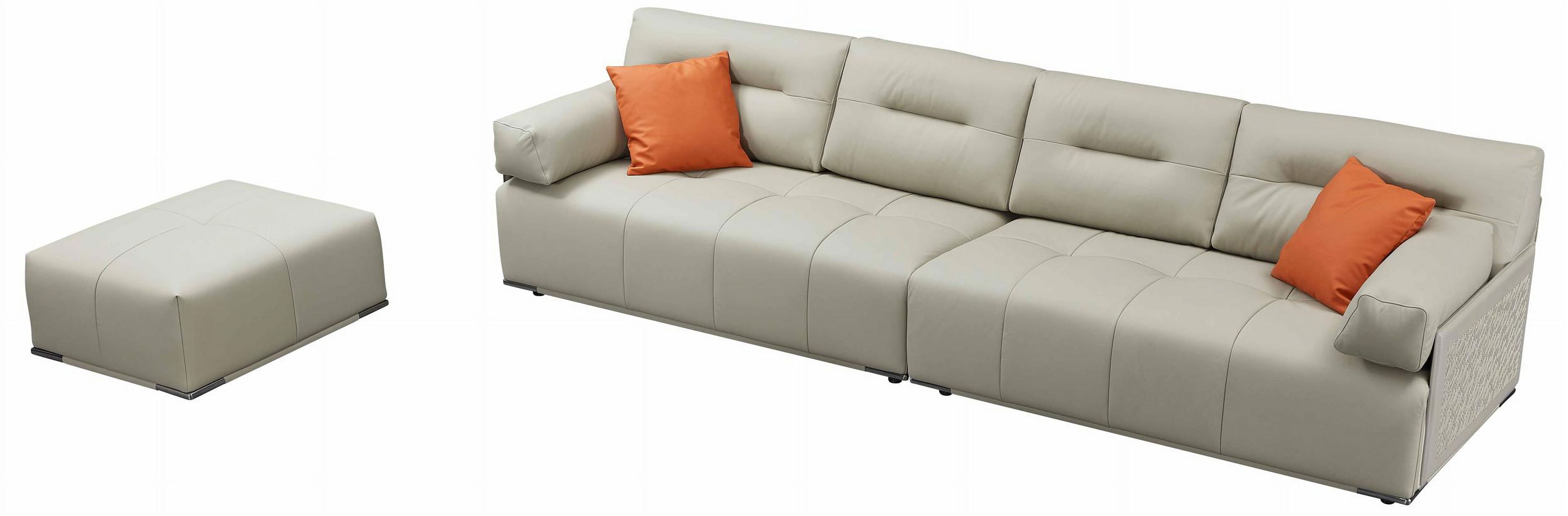 Light Gray Tufted Italian Leather Sofa with Ottoman