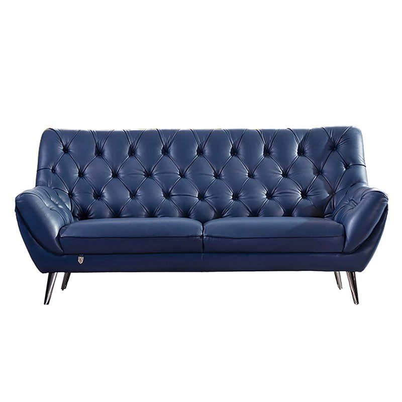 Navy Blue Tufted Leather Sofa with Wood Legs