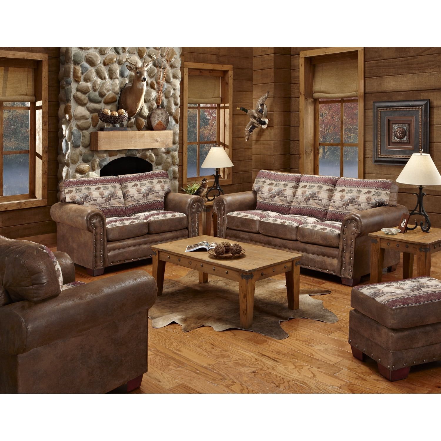 Rustic Queen Sleeper Sofa with Ottoman in Brown Faux Leather